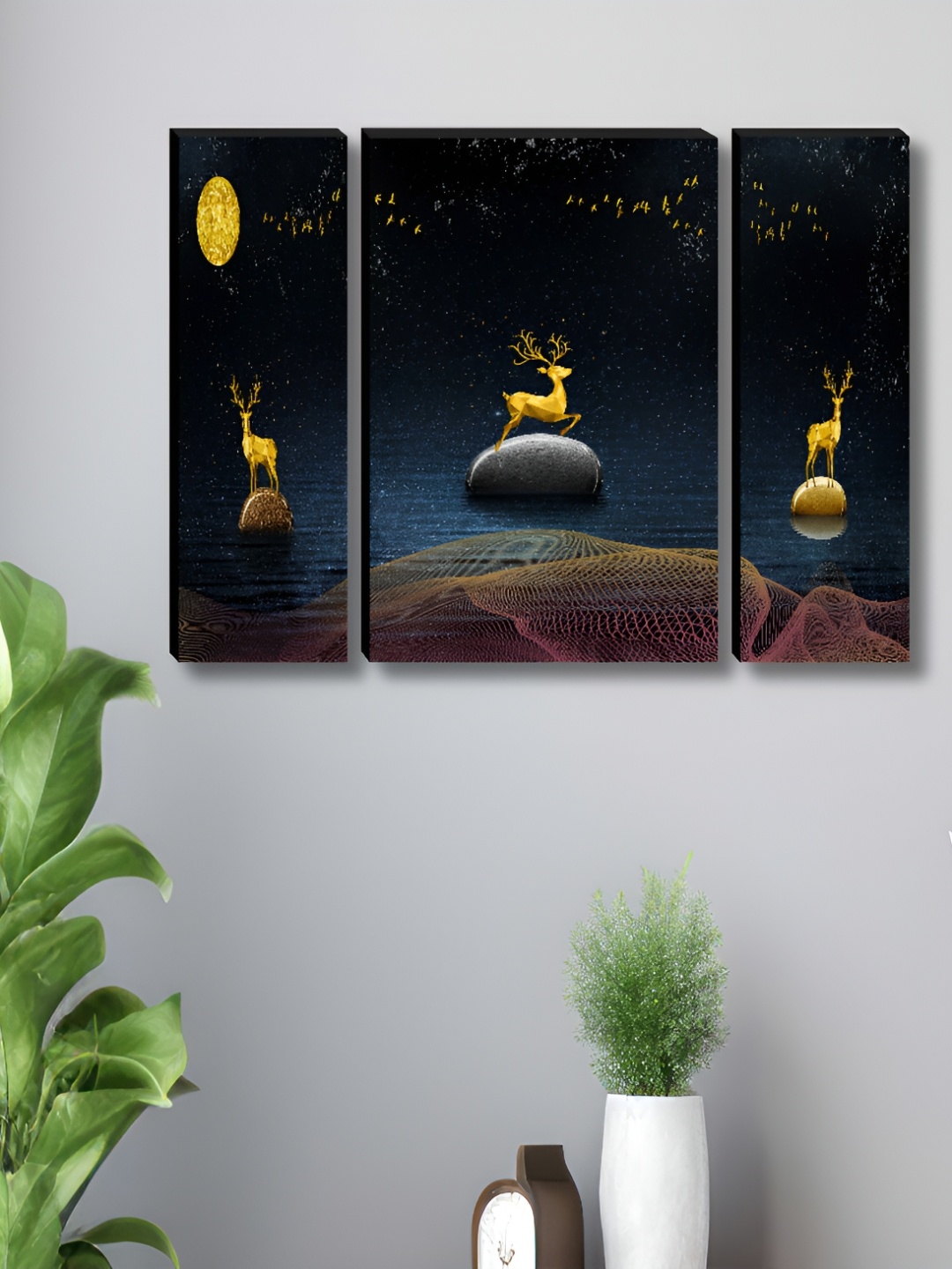

Myntra Elegant Homes Blue 3 Pieces Deer & Moon Birds and Animals Wall Art
