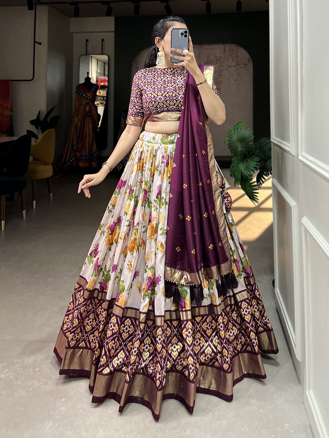 

RADHVI BIZ Printed Kalamkari Ready to Wear Lehenga & Semi-Stitched Blouse With Dupatta, Purple