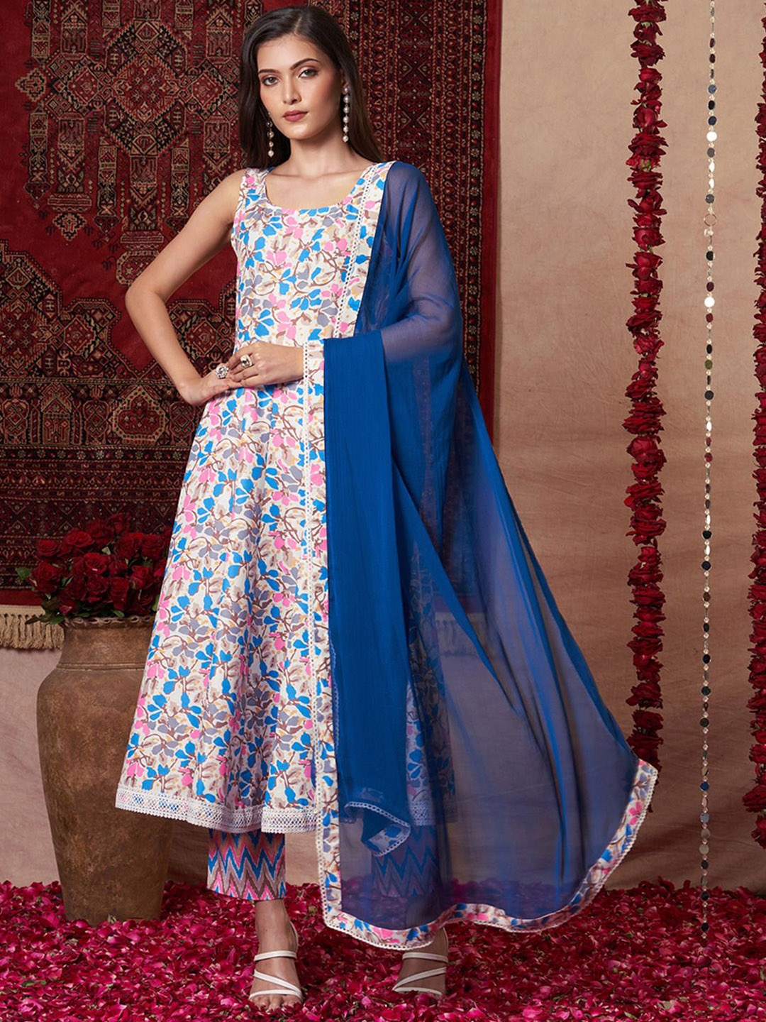 

KALINI Floral Printed Anarkali Kurta With Trousers And Dupatta, Blue
