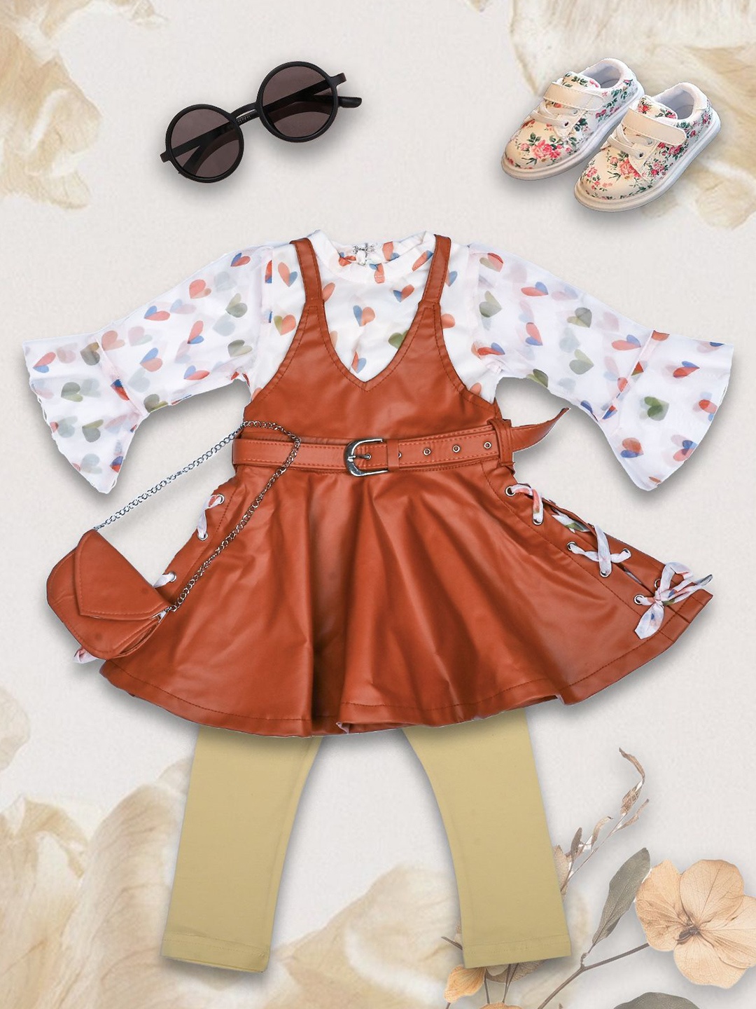 

we11 Girls Printed Top With Leggings And Frock, Brown