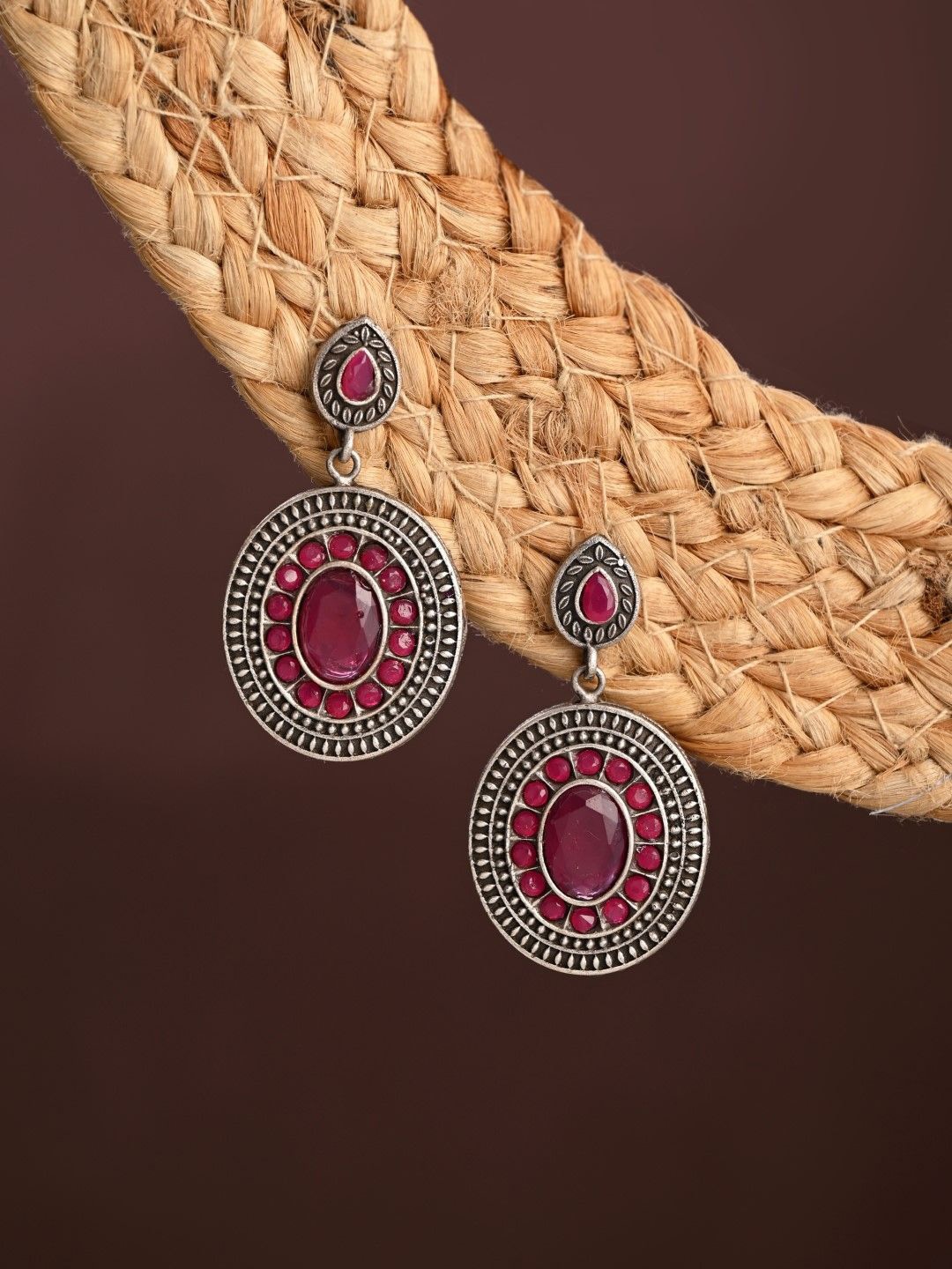 

Anvik Silver-Plated American Diamond Studded Oval Shaped Oxidised Drop Earrings, Red