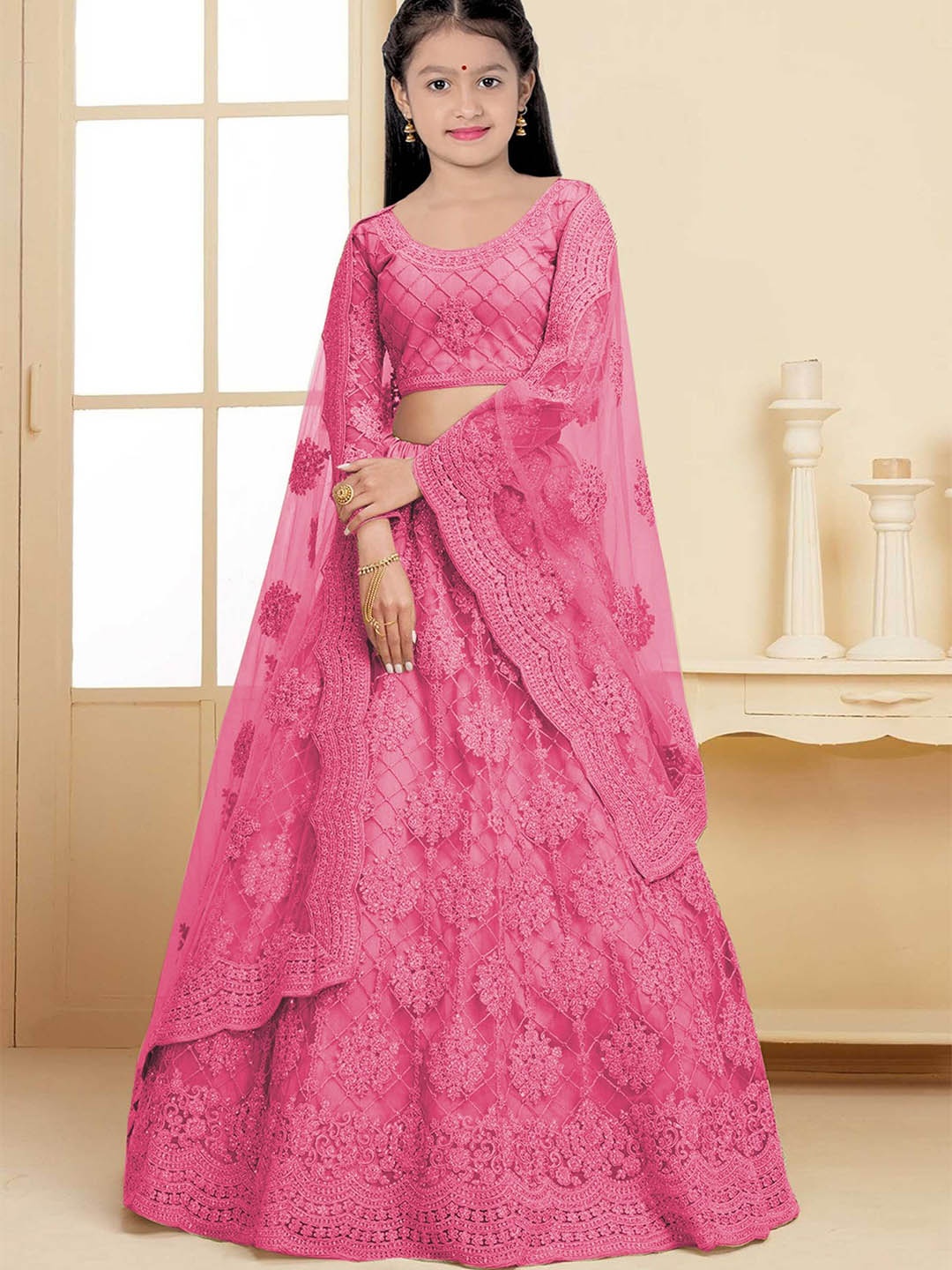 

BAESD Girls Embroidered Thread Work Semi-Stitched Lehenga & Unstitched Blouse With Dupatta, Pink
