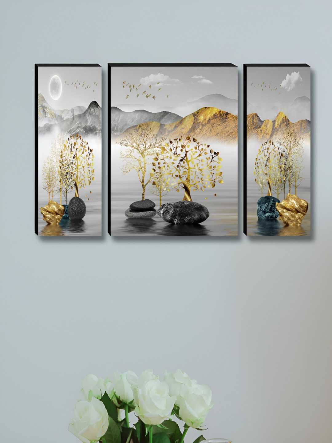 

Myntra Elegant Homes Grey & Gold-Toned 3 Pieces Floral Printed Wall Paintings