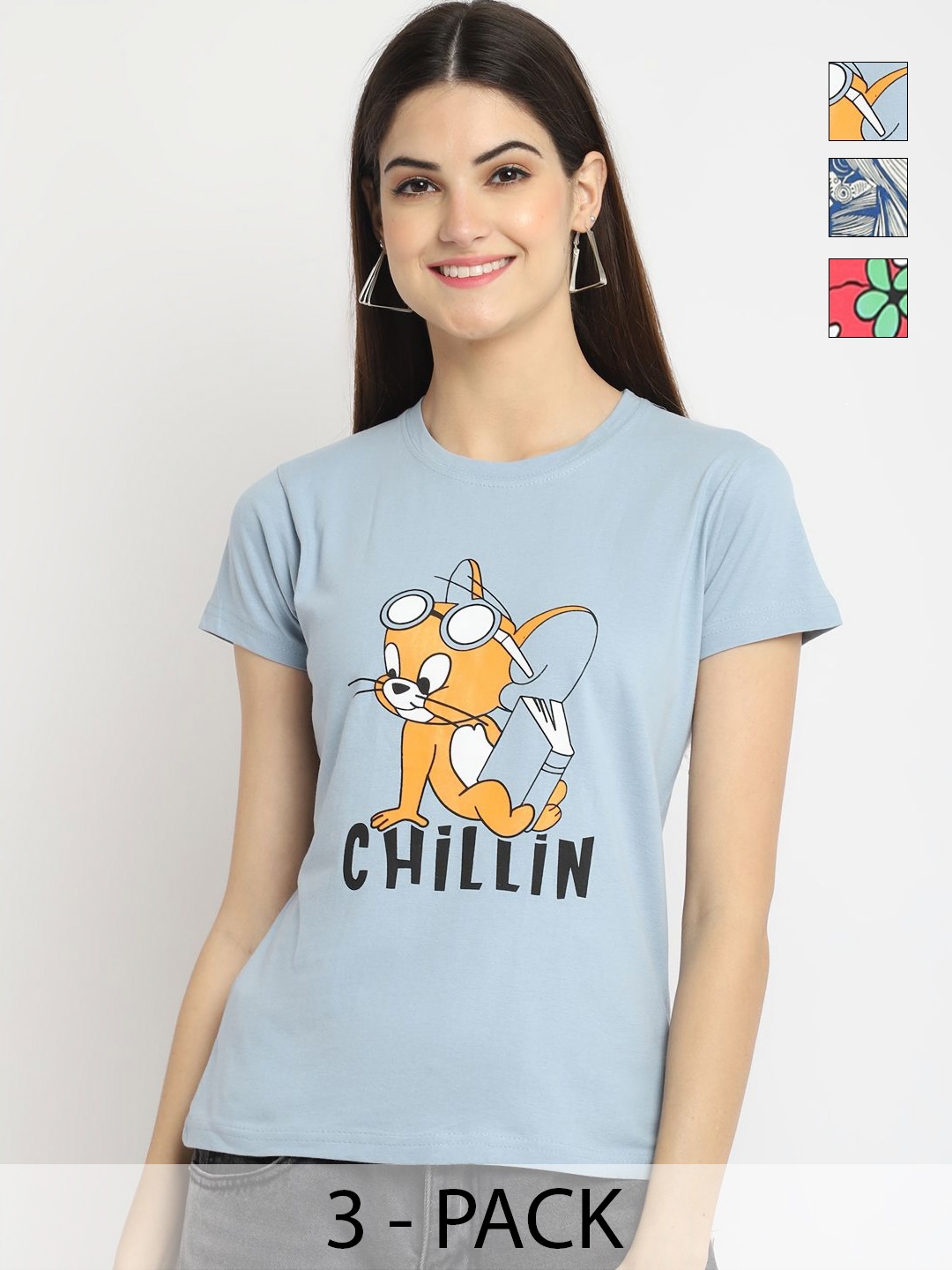 

Dreambe Women Pack of 3 Tom & Jerry Graphic Printed Round Neck Cotton T-shirts, Blue