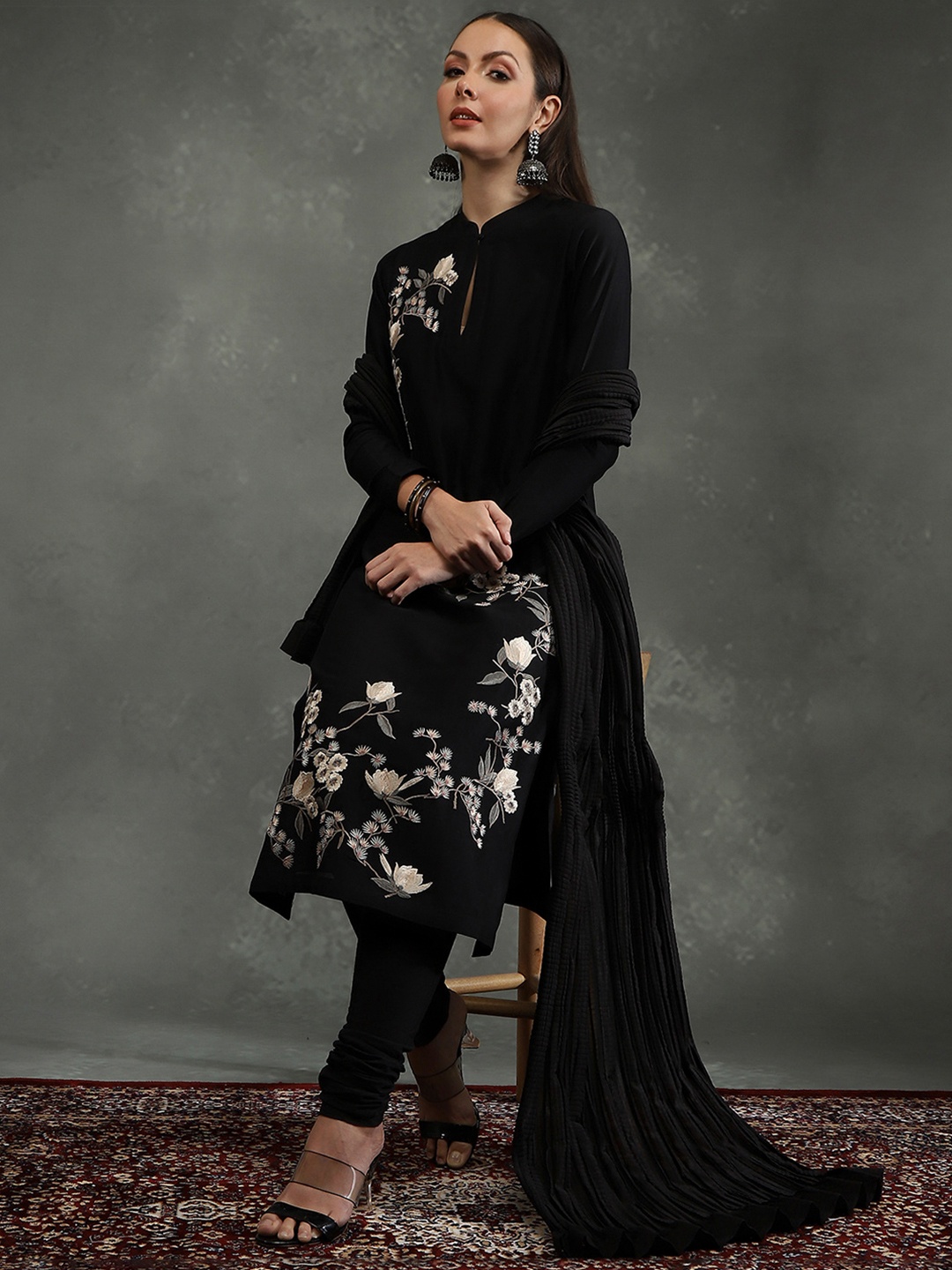 

Biba by Rohit Bal Floral Printed Kurta with Churidar & Dupatta, Black