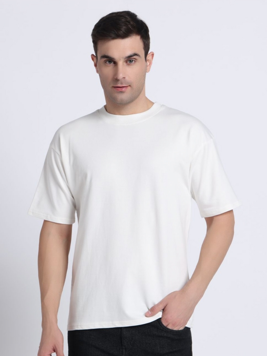 

Clevion Men Solid Round Neck Cotton Oversized T-shirt, White