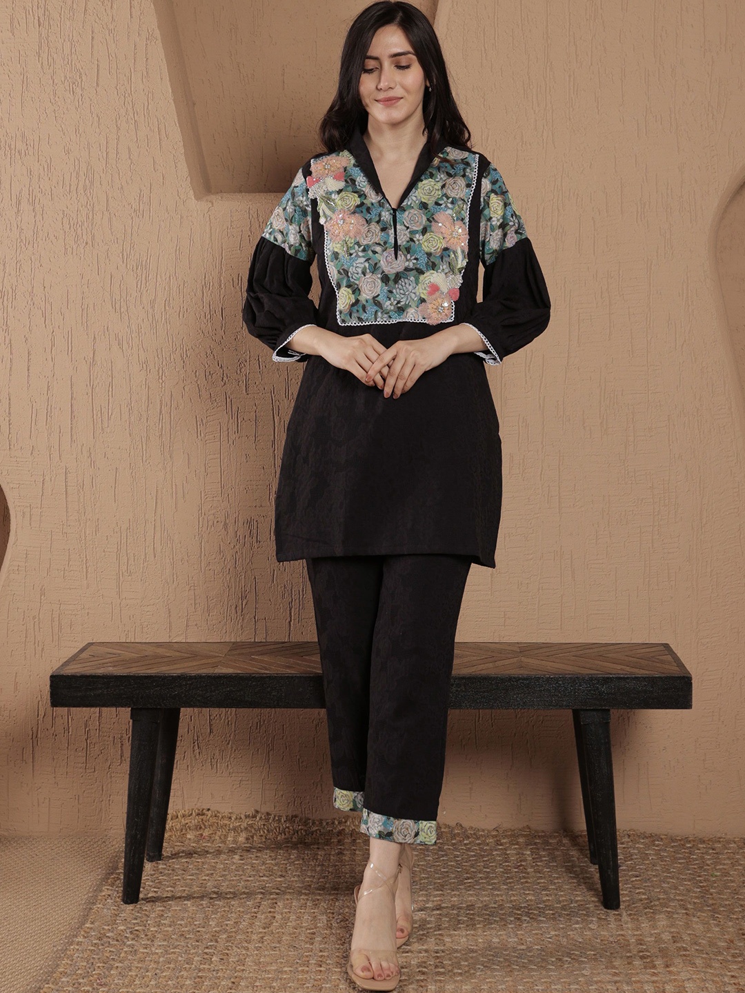 

SRIHA Printed Shawl Collar Pure Cotton Tunic With Trousers, Black