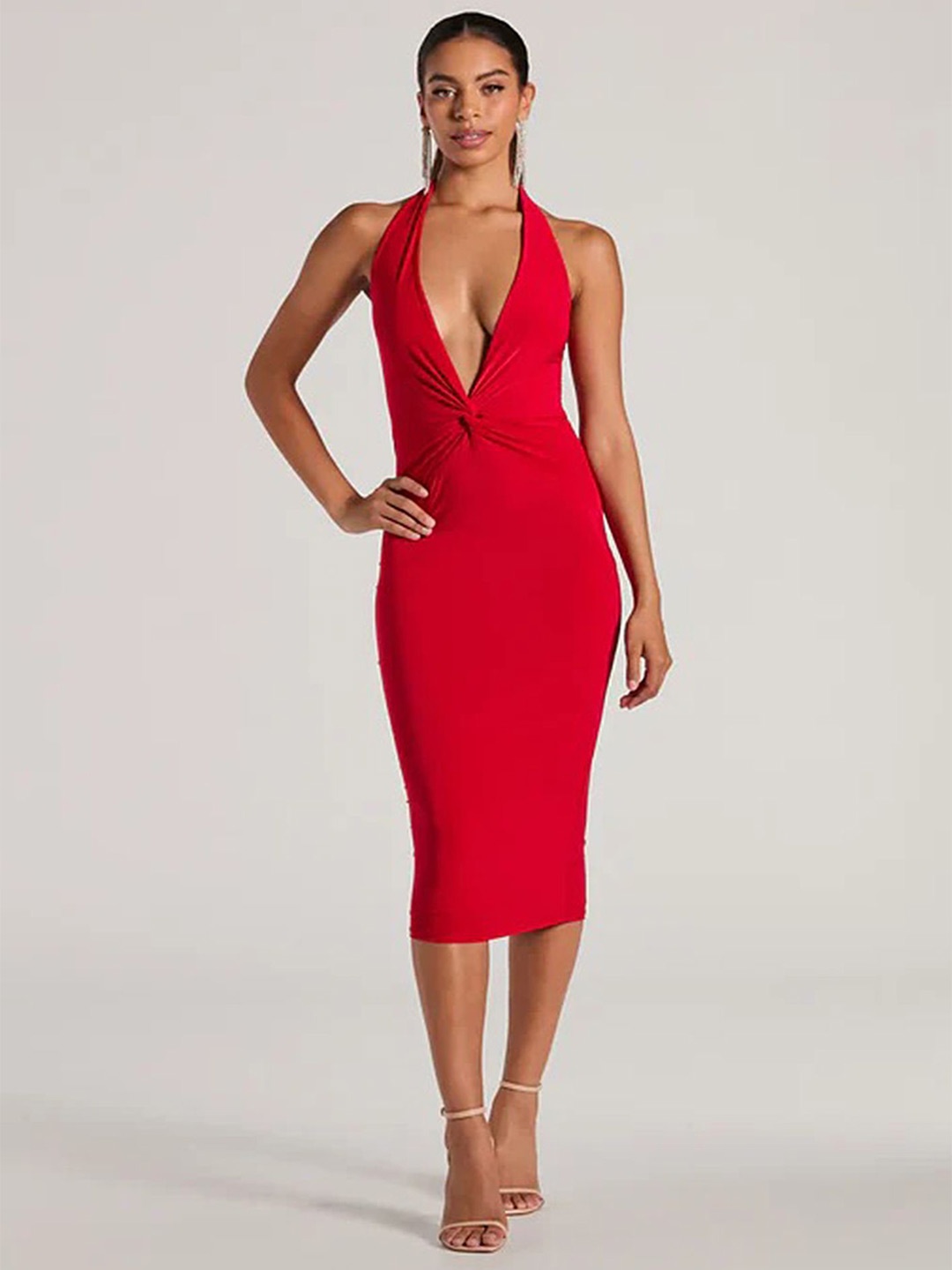 

LULU & SKY Solid V-Neck Sleeveless Bodycon Midi Dress, Red