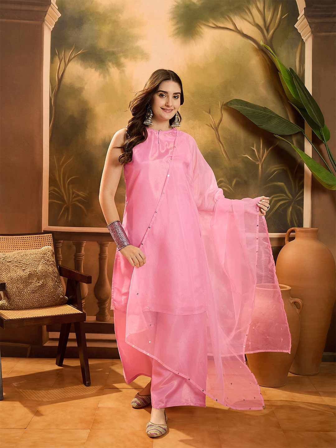 

Sangria Boat Neck Sleeveless Organza Straight Kurta With Sharara & Dupatta, Pink