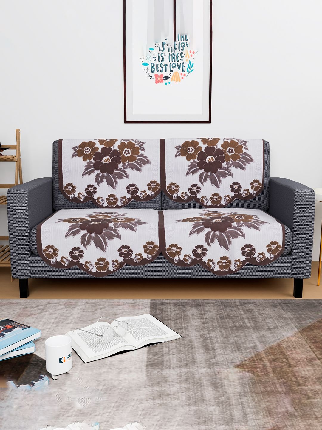 

Kuber Industries White & Brown Cotton 4 Pieces Embroidered Cotton Sofa Cover