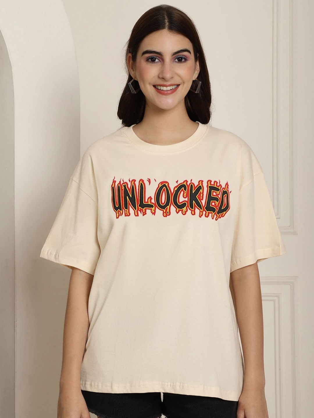 

Tromko Graphic Printed Round Neck Short Sleeves Cotton Oversized T-shirt, Cream