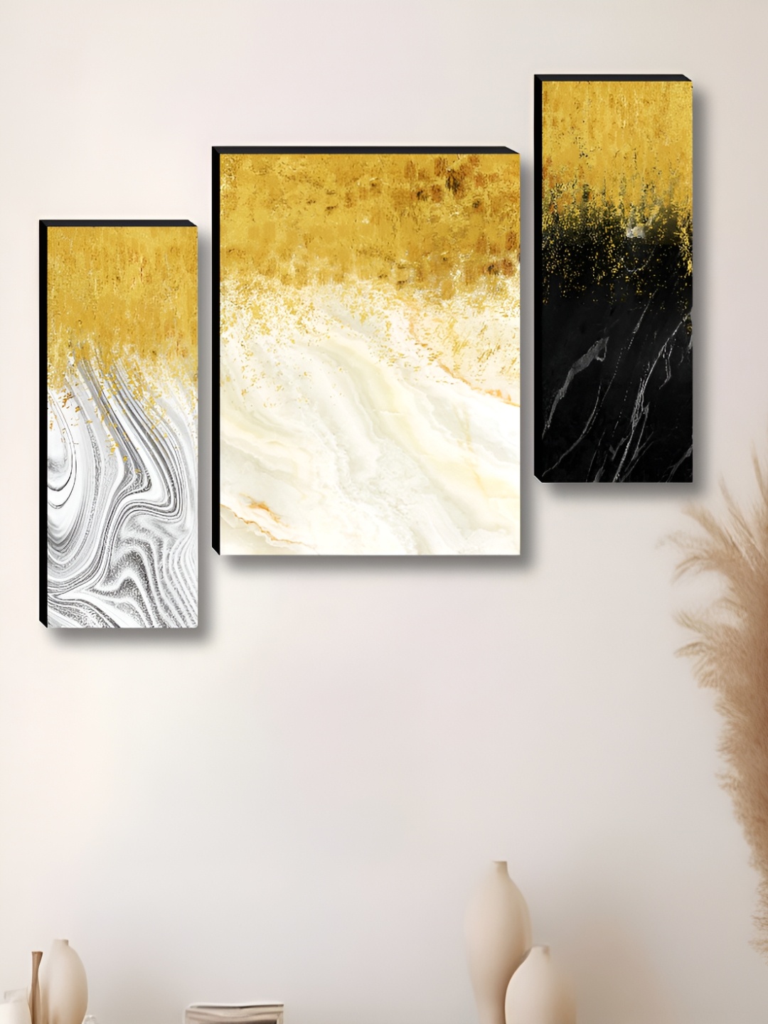 

Myntra Elegant Homes Cream & Gold-Toned 3 Pcs Abstract Synthetic Wood Wall Art