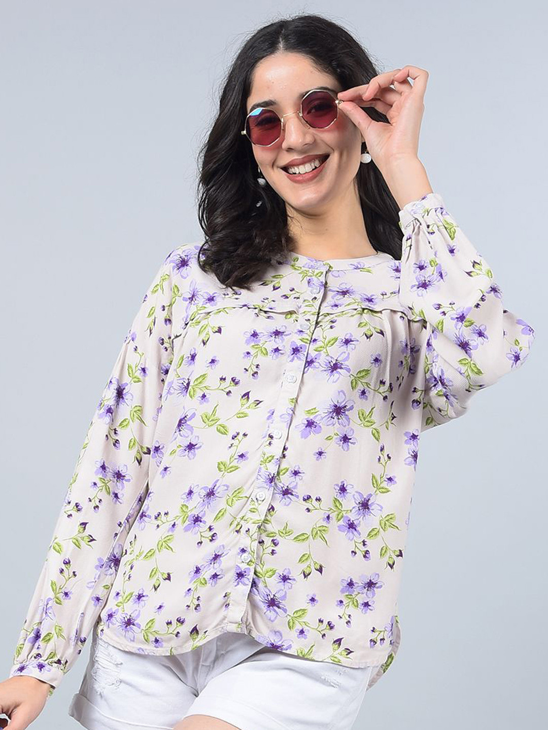 

Crimsoune Club Women Band Collar Floral Printed Cotton Slim Fit Casual Shirts, Cream
