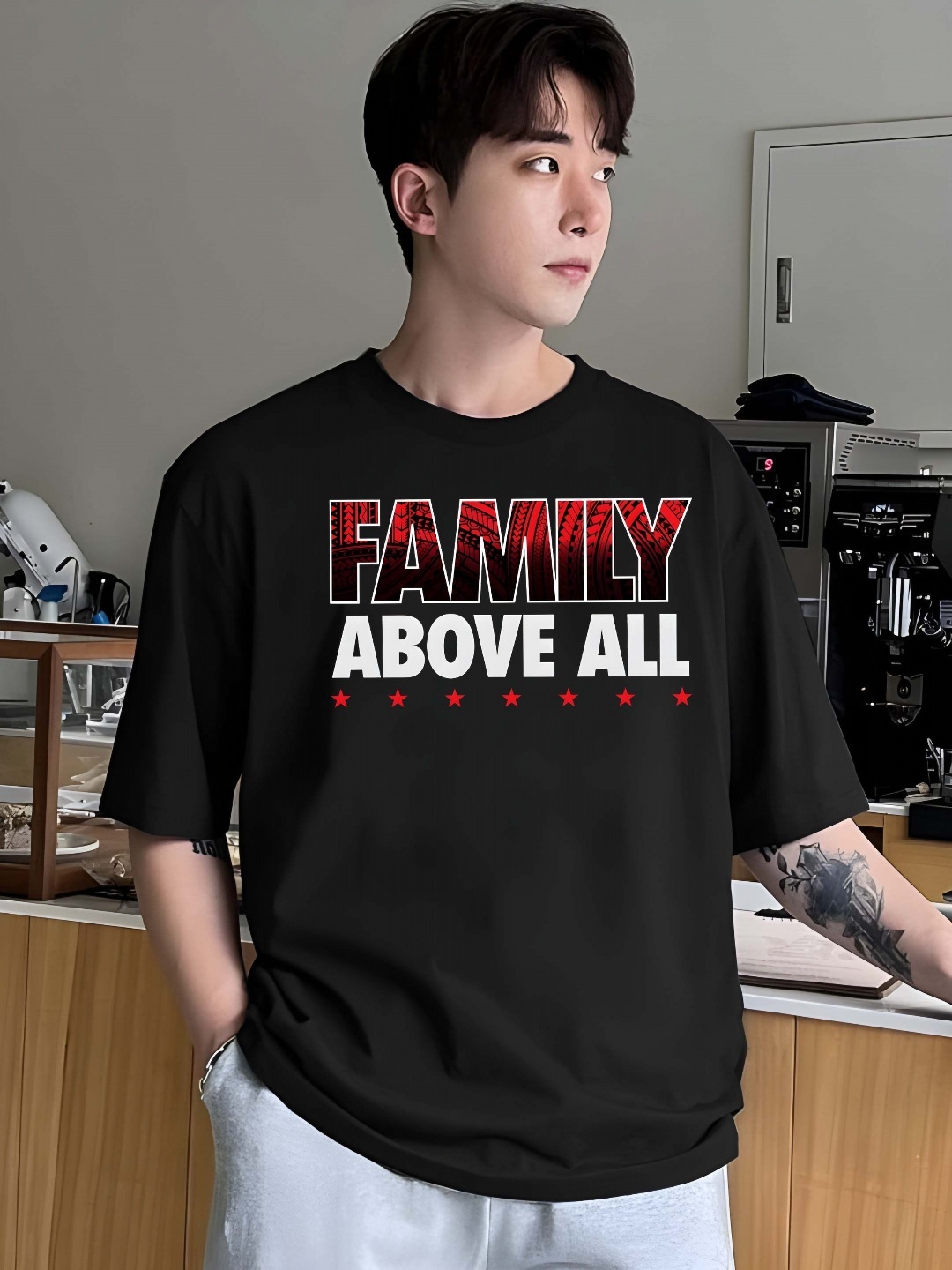 

THE BEETEL HOUSE Men Typography Printed Round Neck Oversized Cotton T-shirt, Black