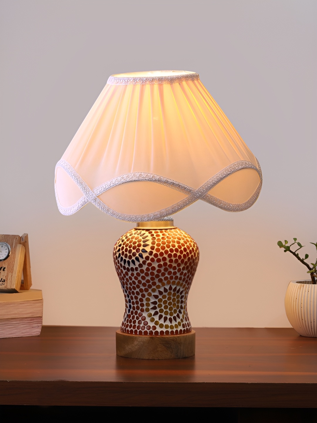 

Devansh Off White Printed Frustum Shaped Wooden Table Lamp With Mosaic Glass Base
