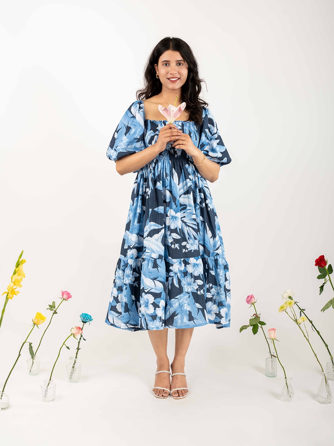 

MONOMEE Women Floral Printed Cotton Fit & Flare Midi Dress, Navy blue