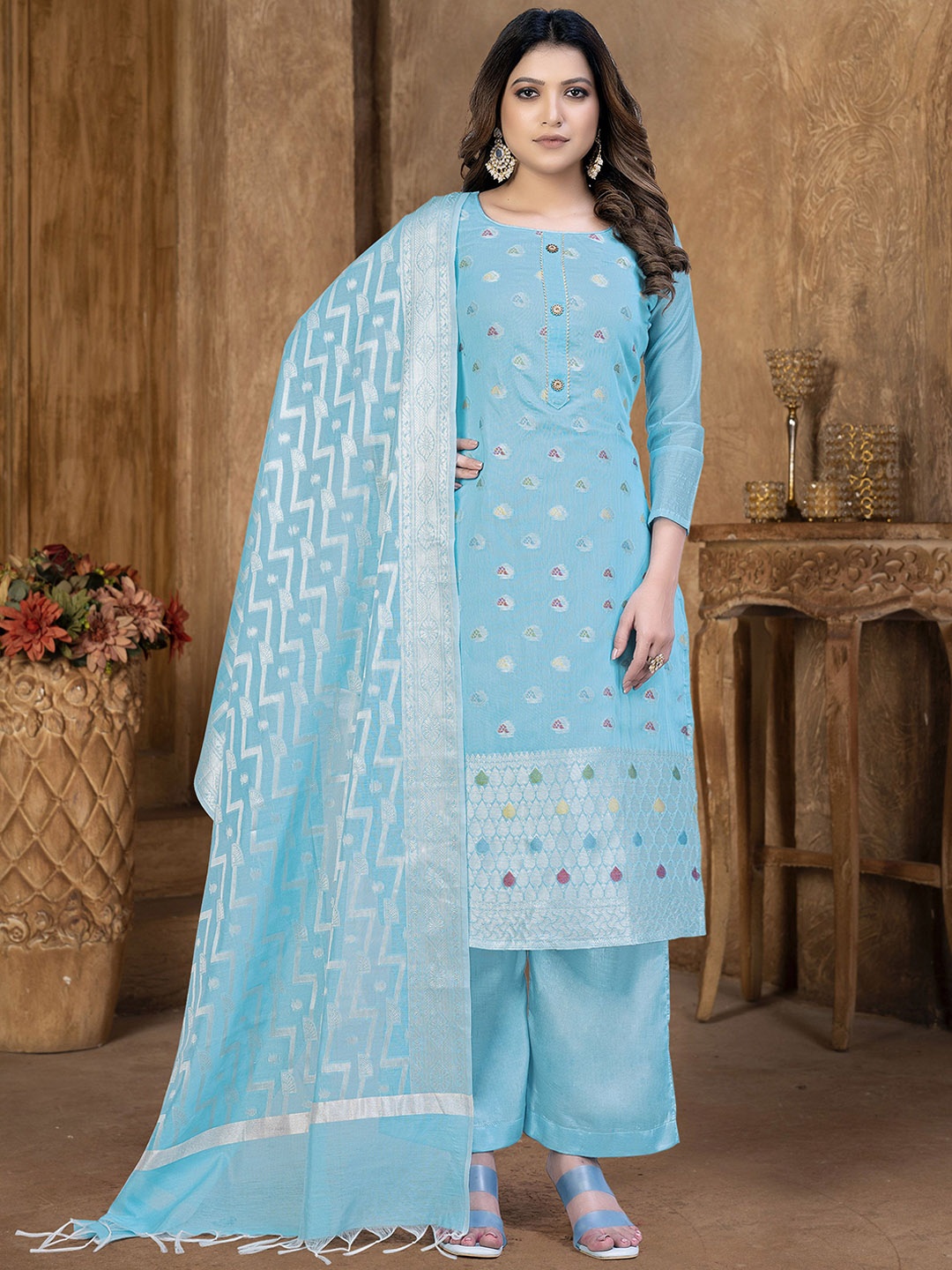 

SHADOW & SAINING Floral Woven Design Semi-Stitched Dress Material, Blue