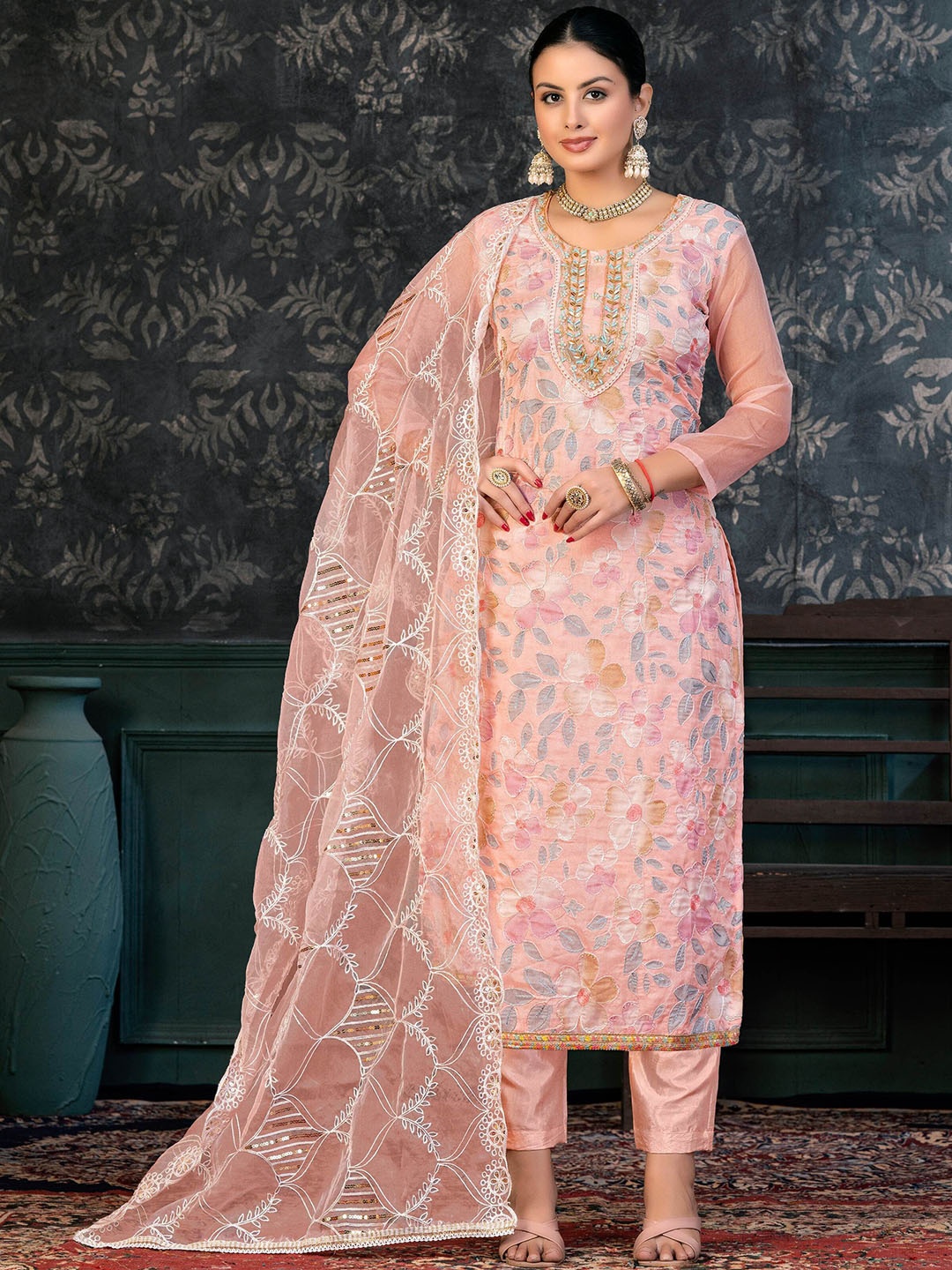 

SHADOW & SAINING Embroidered Beads & Stones Organza Semi-Stitched Dress Material, Peach
