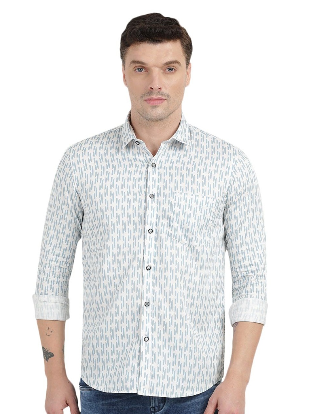 

Clarke Gable Geometric Printed Trim Slim Fit Cotton Casual Shirt, Blue
