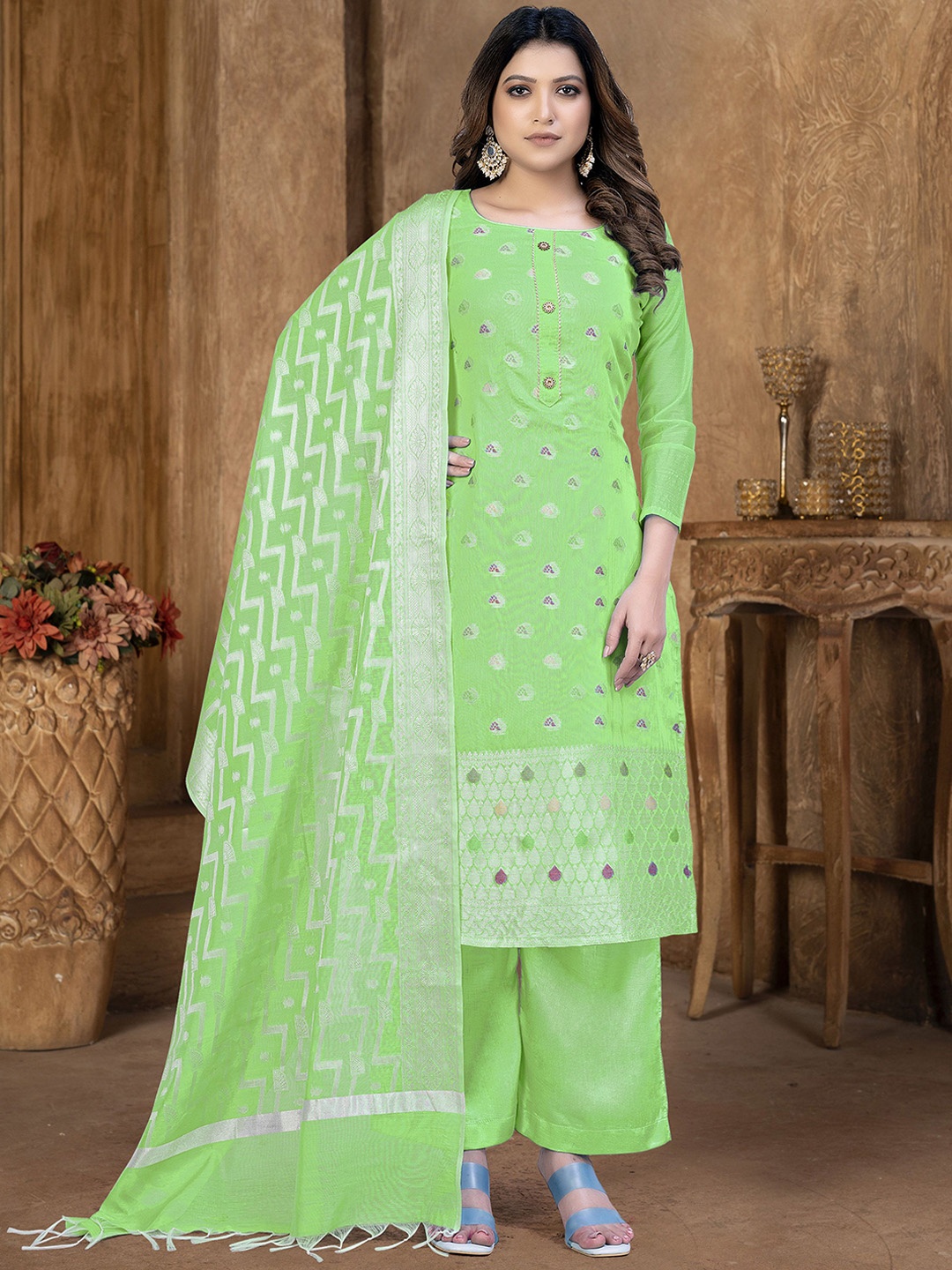 

SHADOW & SAINING Floral Woven Design Zari Semi-Stitched Dress Material, Green