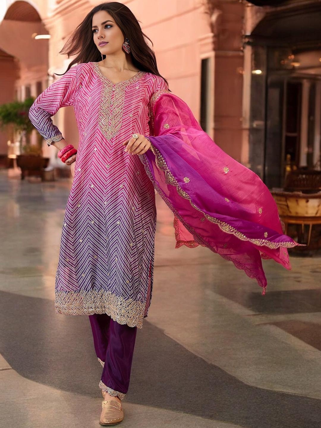 

KIMISHA Chevron Printed Zari Straight Kurta With Trousers And Dupatta, Pink