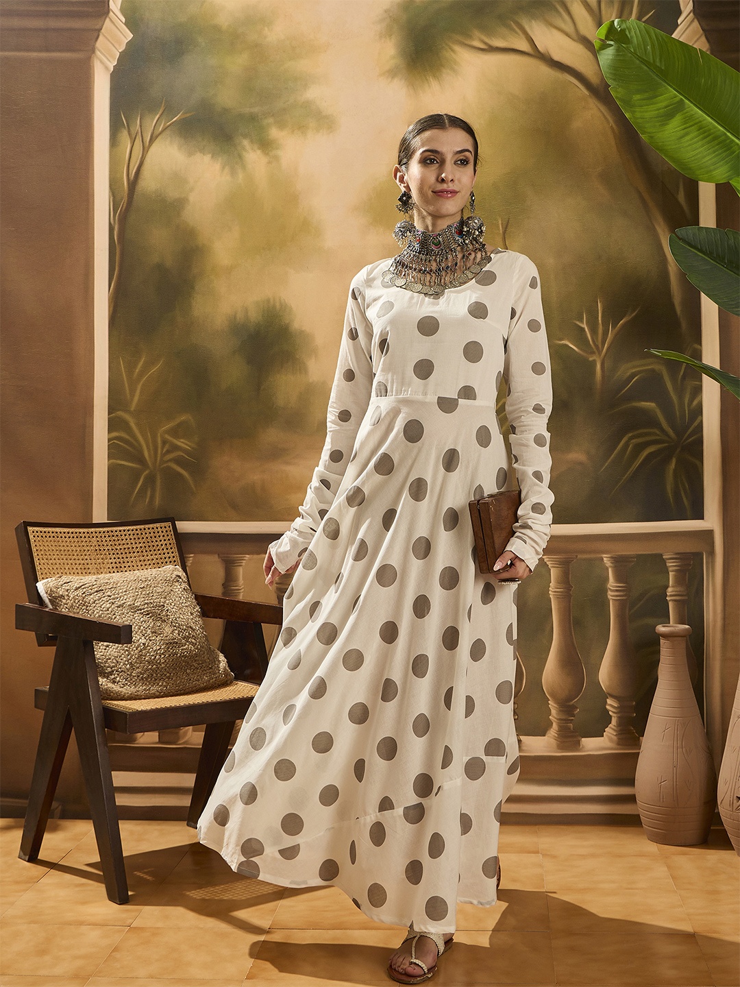 

Sangria Women Polka Dots Printed Flared Ethnic Dress, White