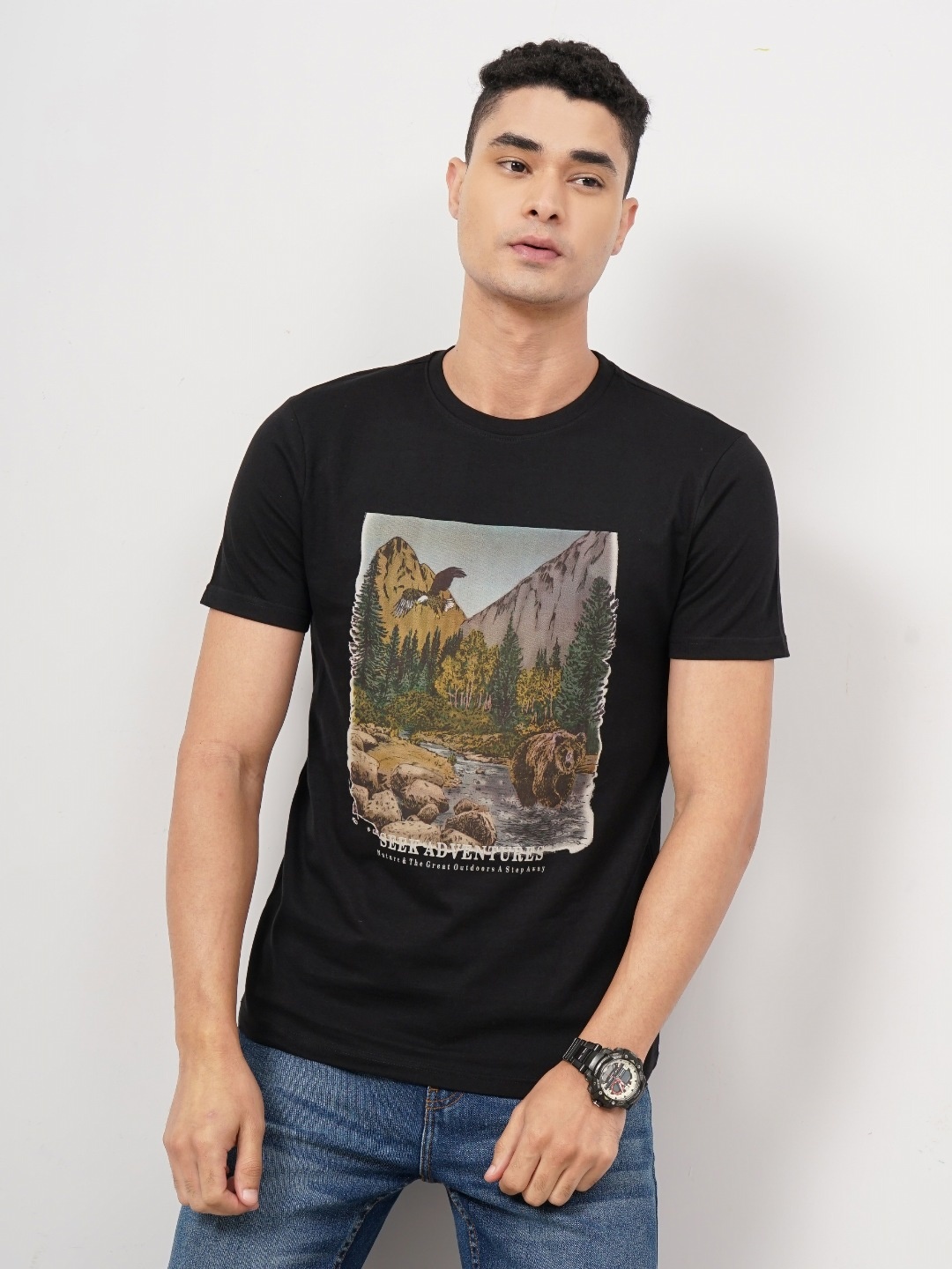 

Genoa Graphic Printed Round Neck Cotton T-shirt, Black