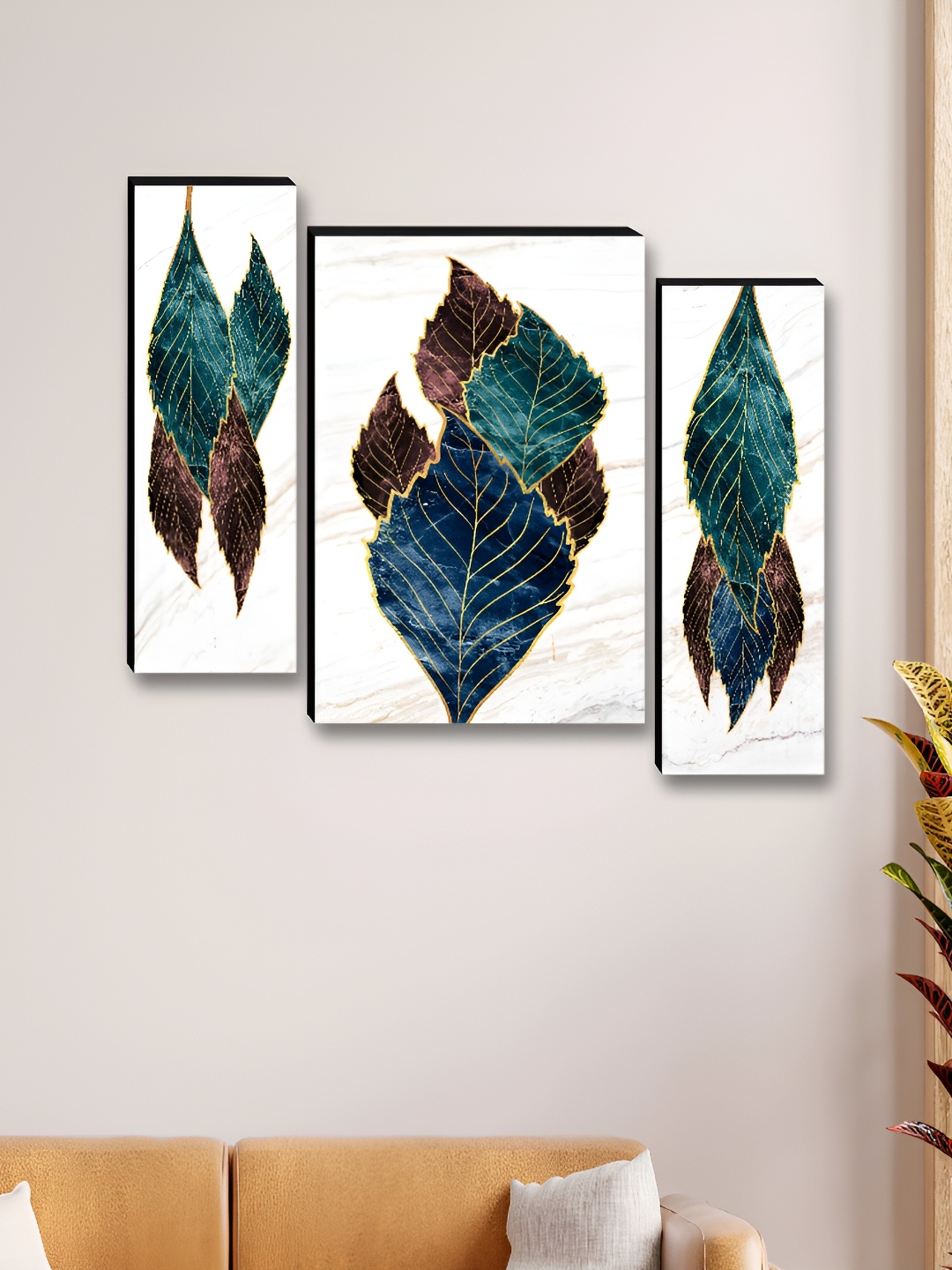 

Myntra Elegant Homes White & Blue 3 Piece Leafs Floral and Botanical Wall Art