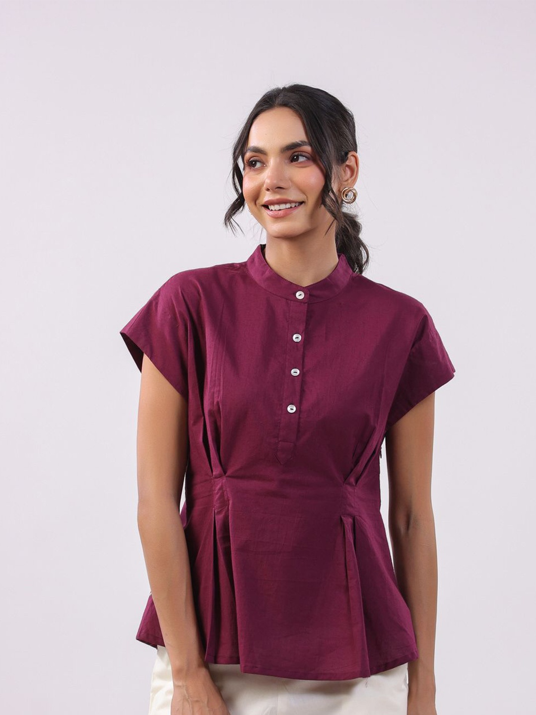 

JISORA Women Mandarin Collar Cap Sleeves Cotton Top, Purple