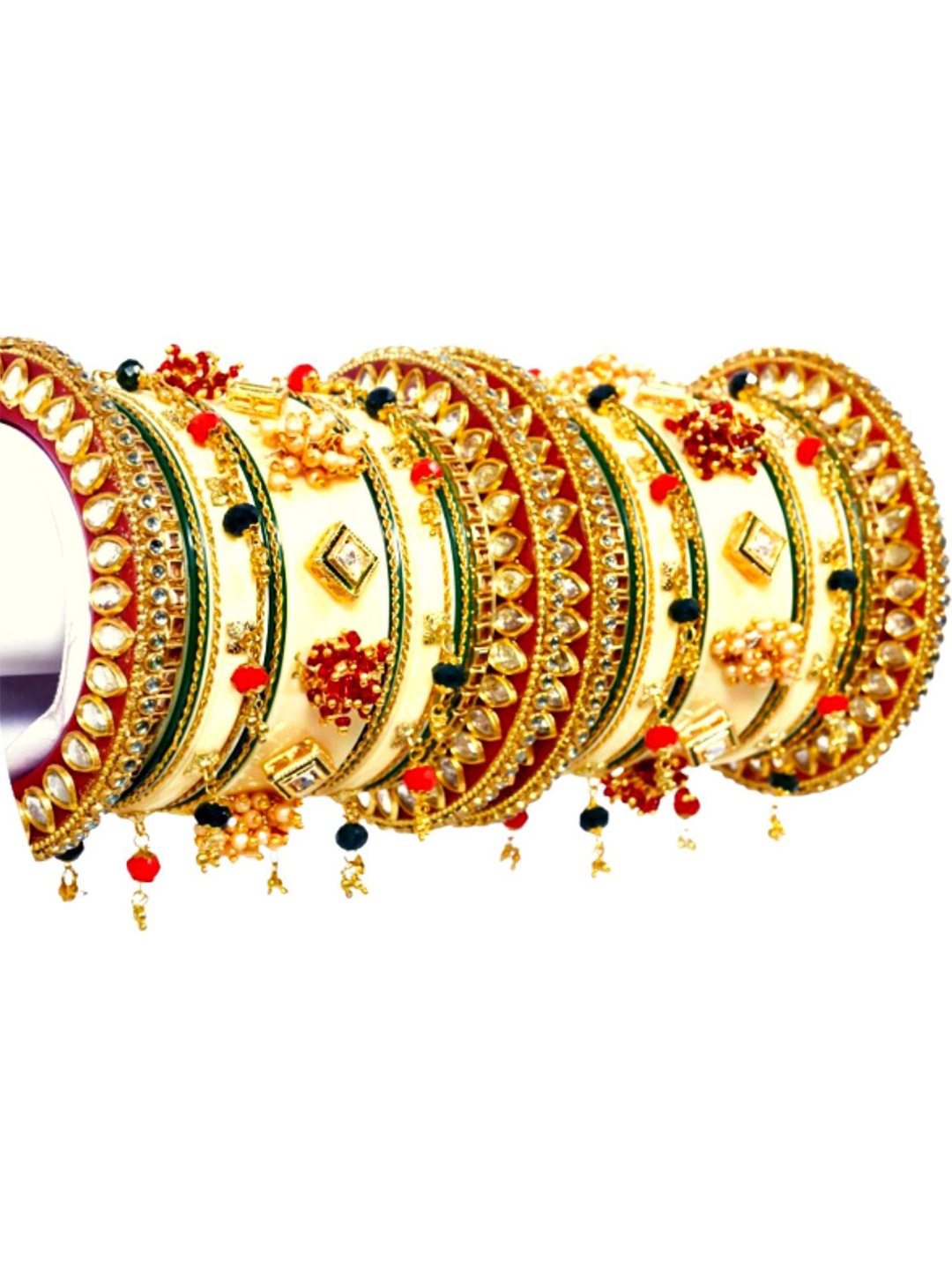 

Zindura Set of 2 Gold-Plated Artificial Stone-Studded & Beaded Chuda Bangles With Hangings