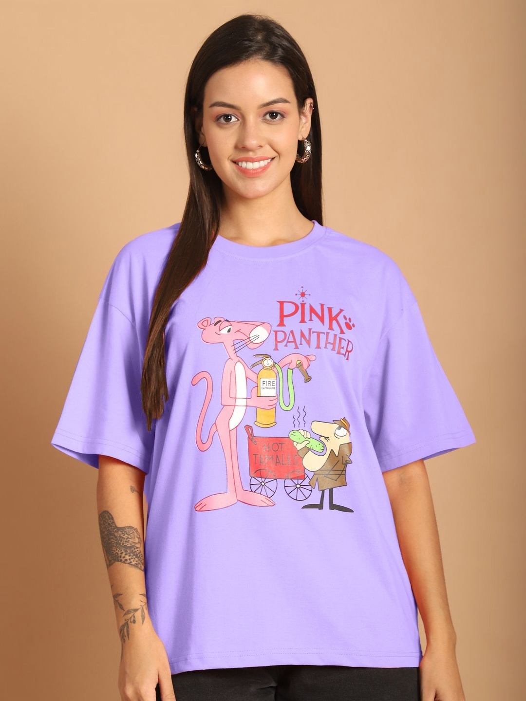 

Tromko Women Pink Panther Graphic Printed Round Neck Cotton Oversized T-shirt, Lavender