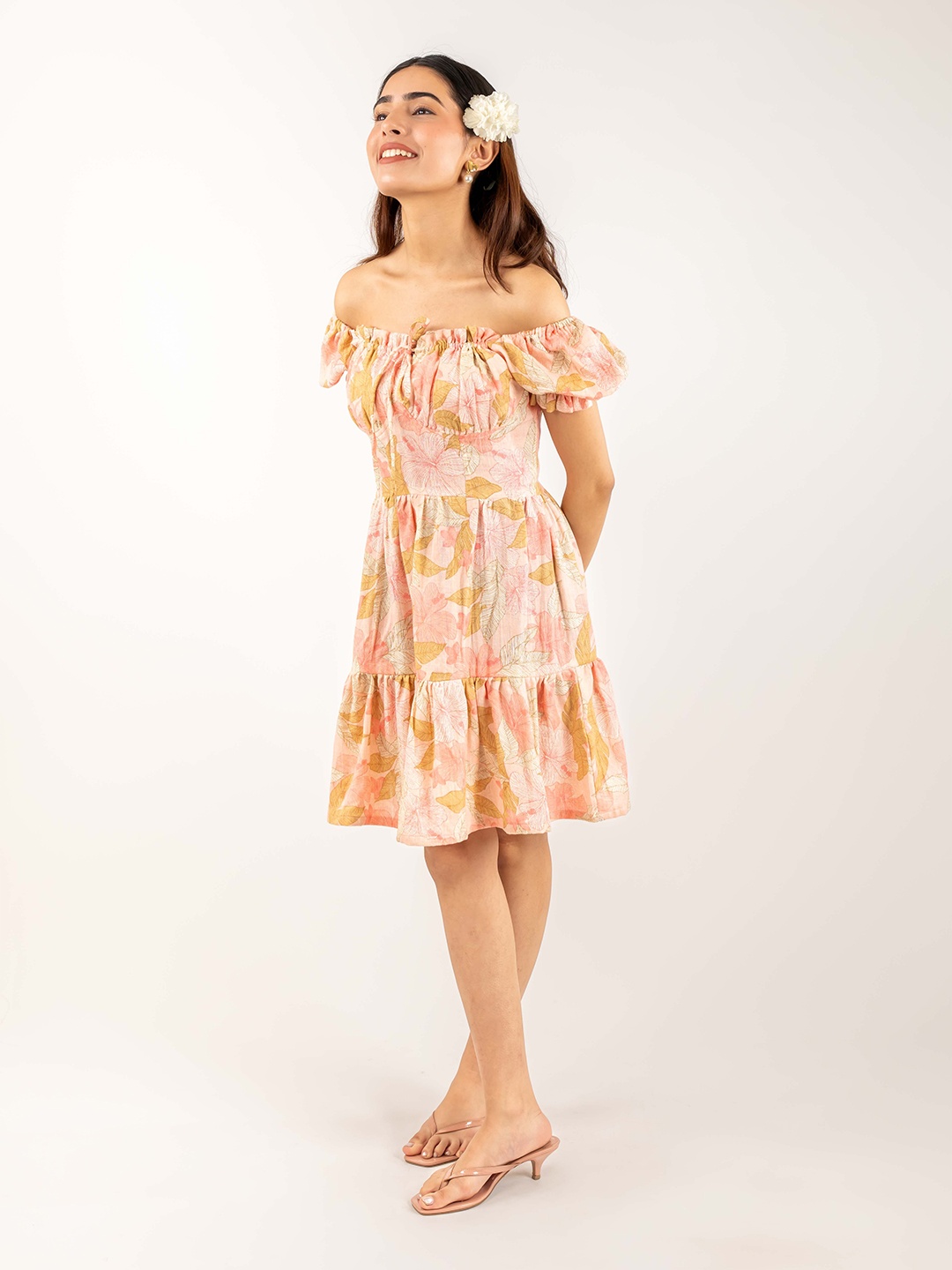 

Monomee women Floral Printed Off-Shoulder Neck Puff Sleeve Fit & Flare Dress, Orange