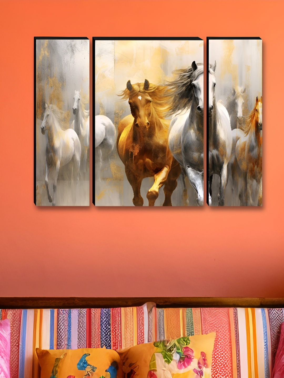 

Myntra Elegant Homes White & Gold-Toned 3 Pieces Running Horse Wall Art