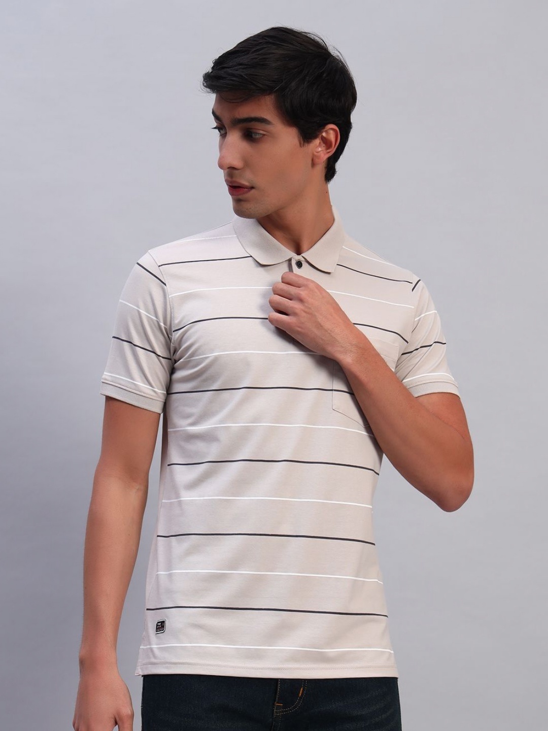 

TMO Men Striped Polo Collar T-shirt, Taupe