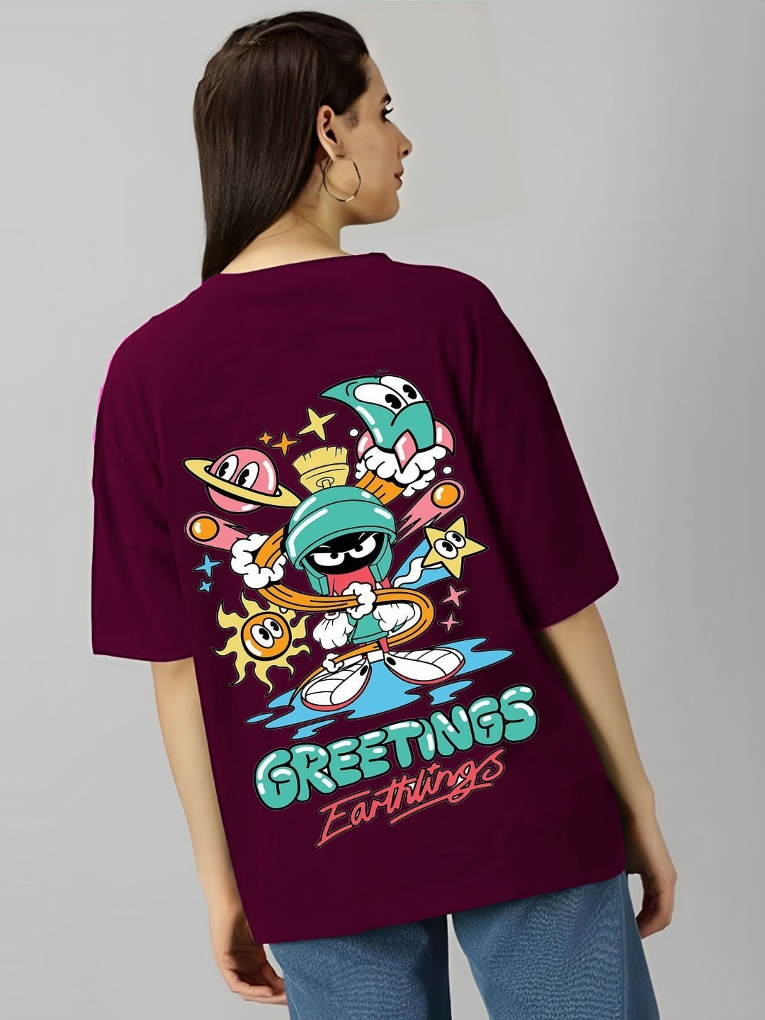 

kintu parantu Women Graphic Printed Round Neck Cotton Oversized T-shirt, Maroon