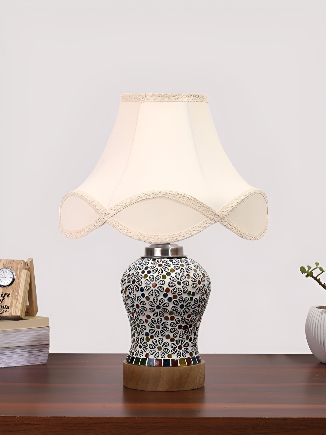 

Devansh Off White Textured Frustum Shaped Wooden Table Lamp With Mosaic Glass Base