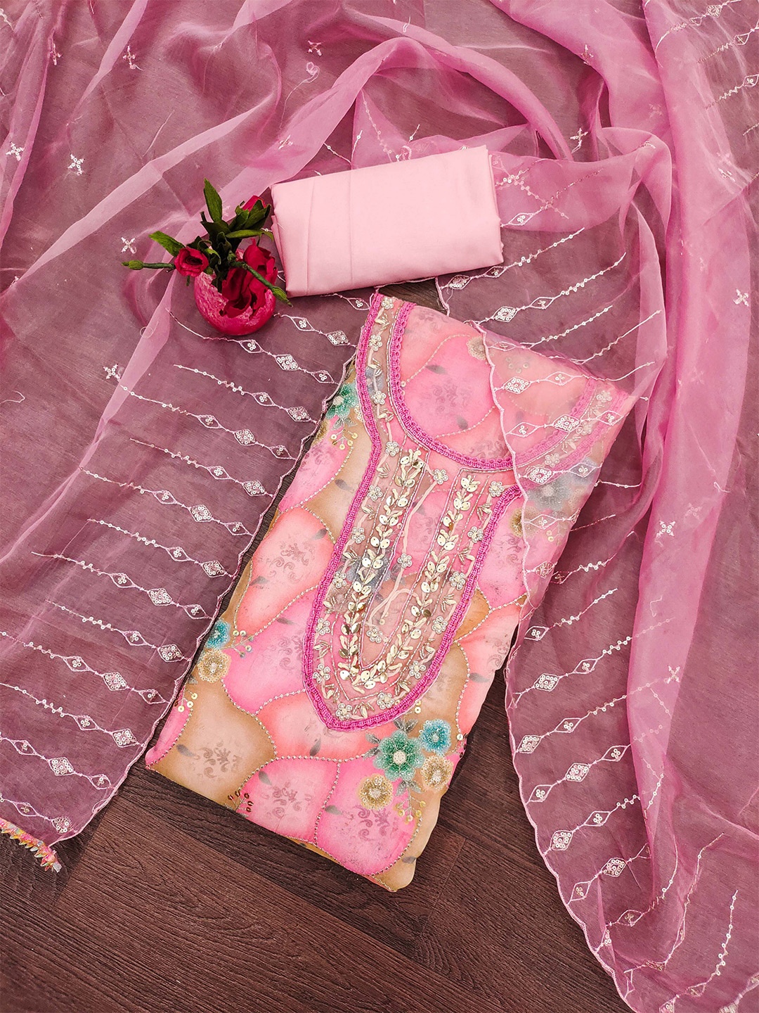

SHADOW & SAINING Floral Embellished Beads and Stones Organza Unstitched Dress Material, Pink