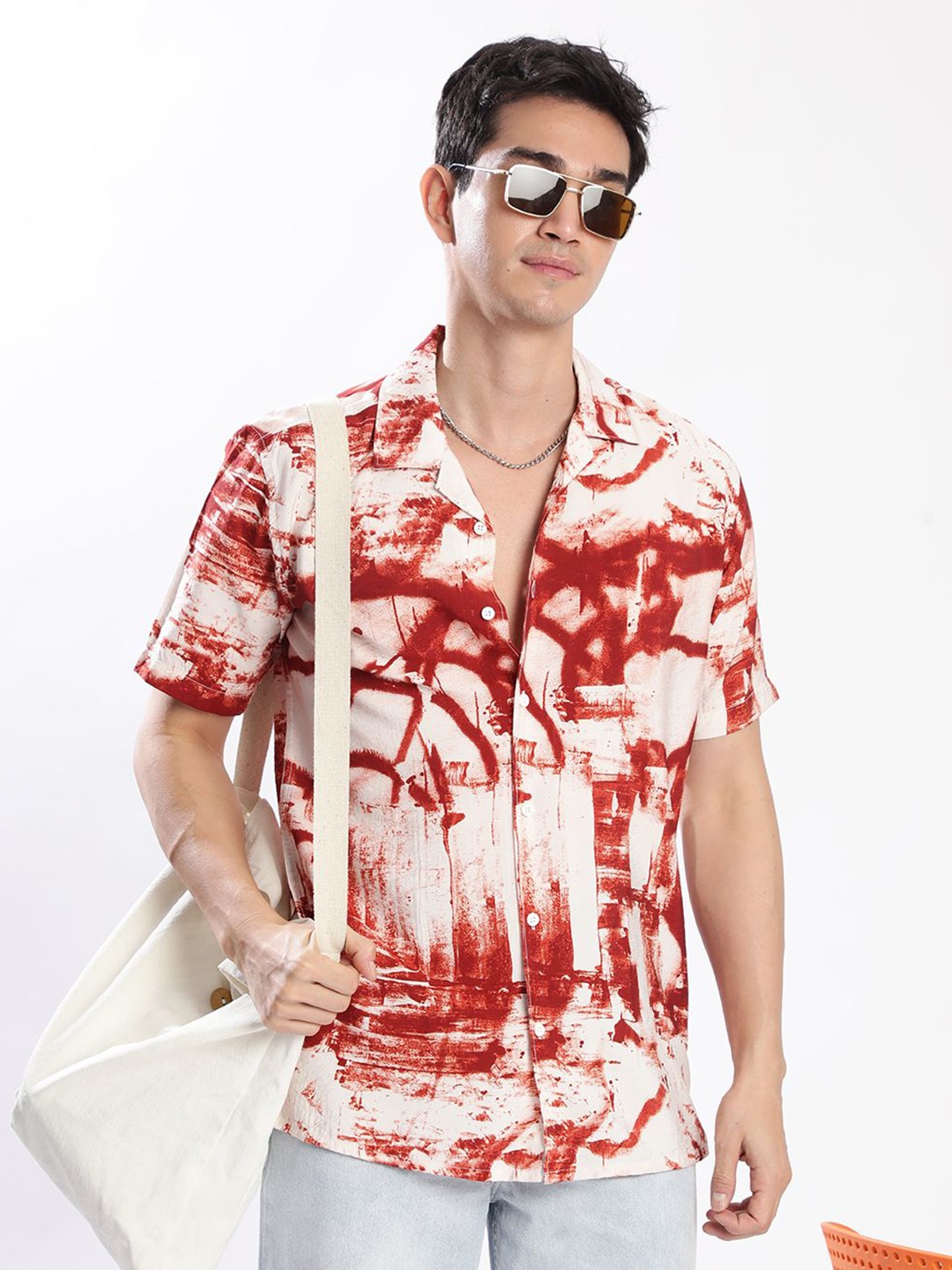 

Bene Kleed Men Cuban Collar Abstract Printed Casual Shirts, White