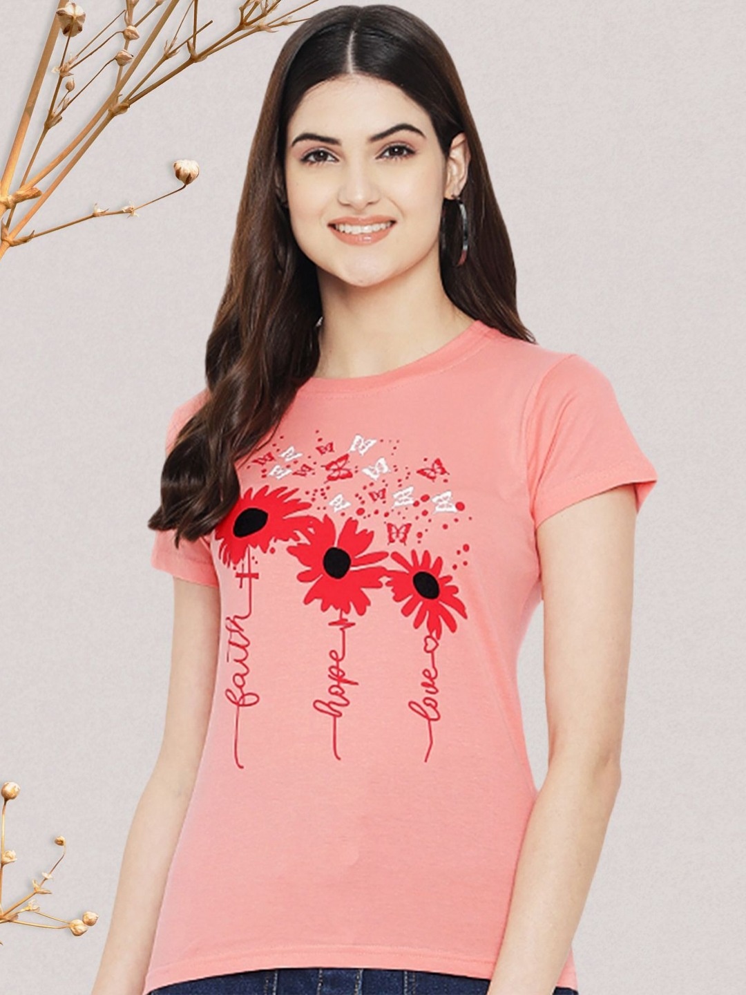 

Dreambe Women Floral Printed Round Neck Cotton T-shirt, Peach
