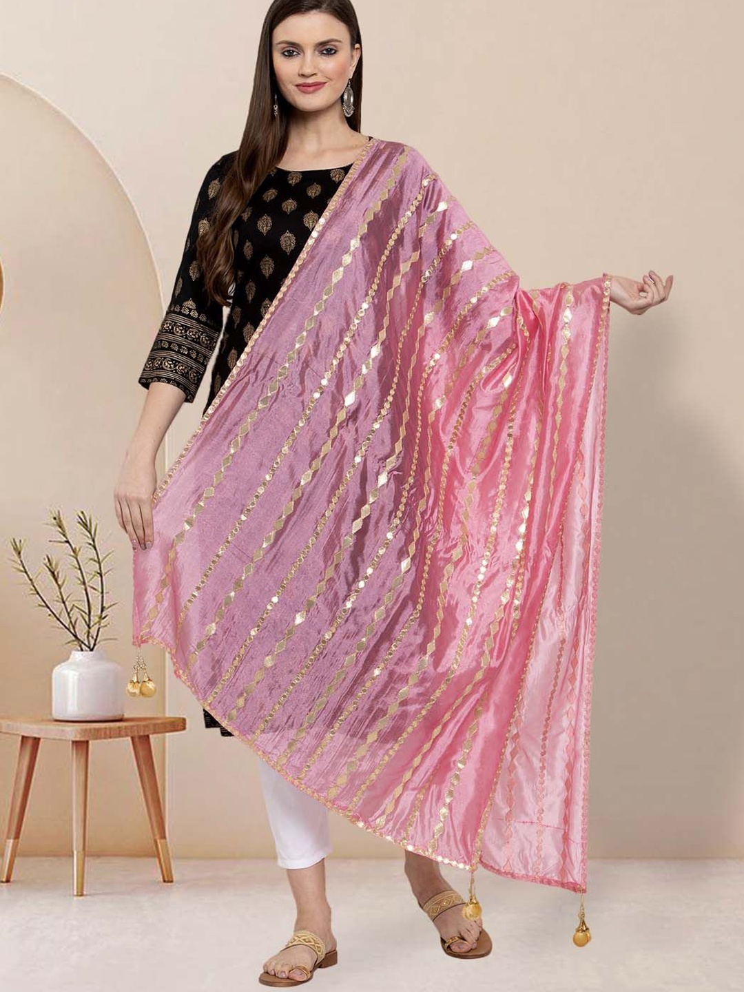 

Moda Rapido Striped Embroidered Gotta Patti Dupatta, White