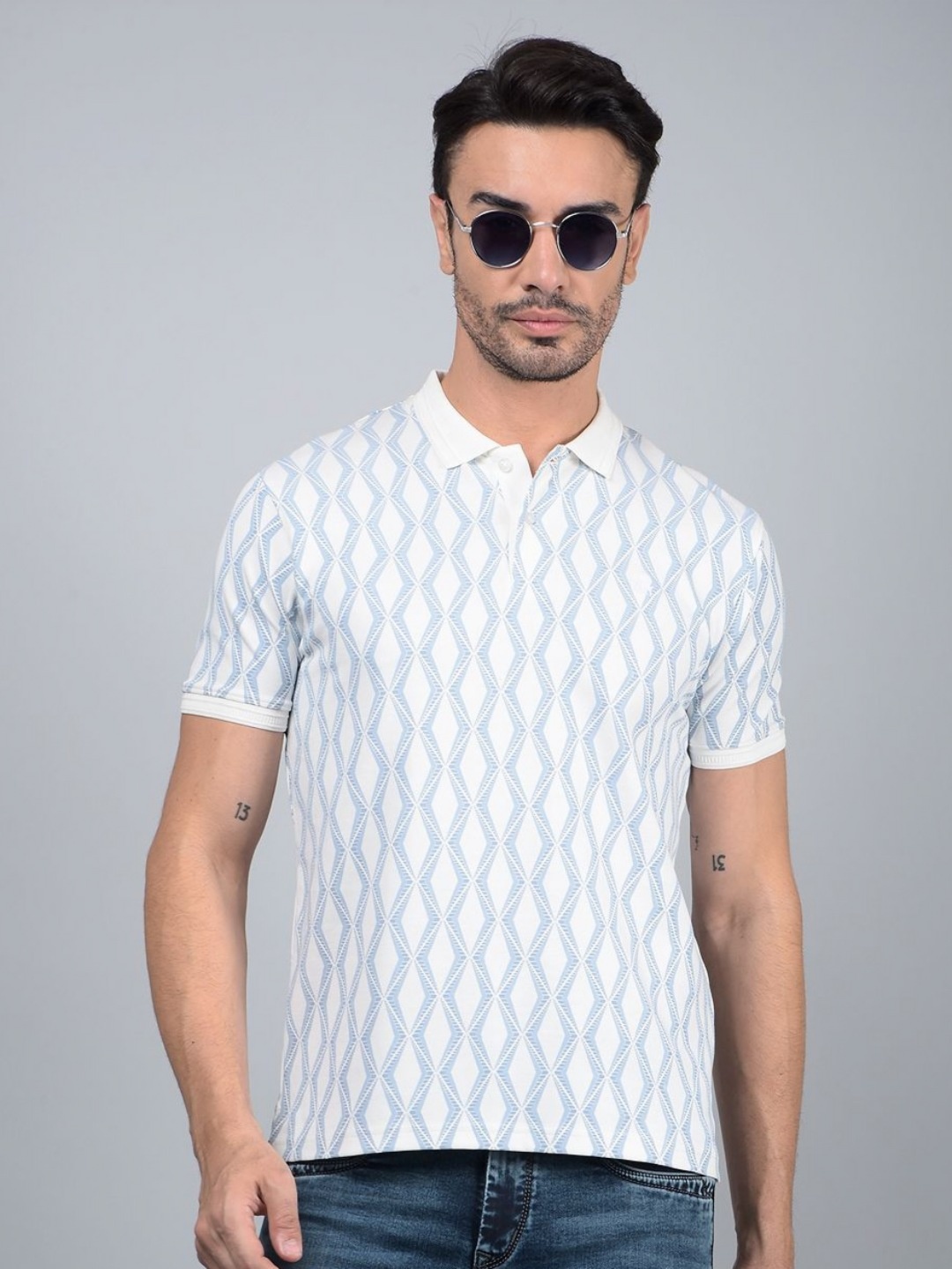 

Crimsoune Club Men Geometric Printed Polo Collar Cotton Slim Fit T-shirt, Blue