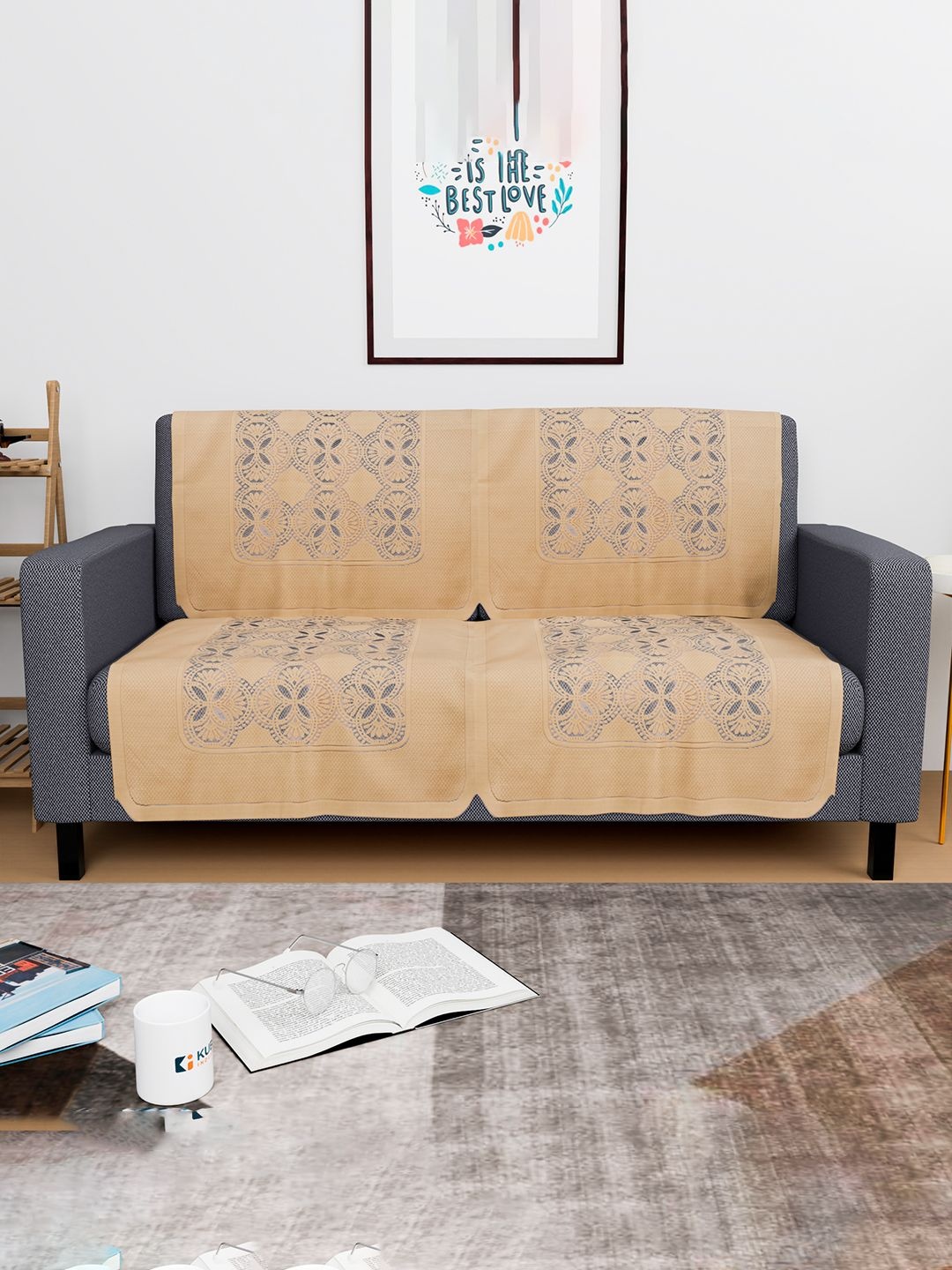 

Kuber Industries Gold-Toned 4 Pieces New Jersey Flower Printed Cotton Sofa Covers
