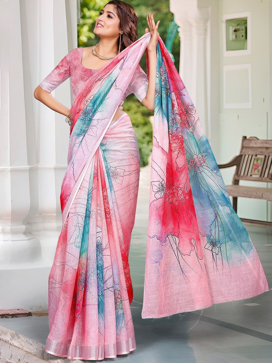 

Sarvada Floral Printed Pure Cotton Saree, Pink