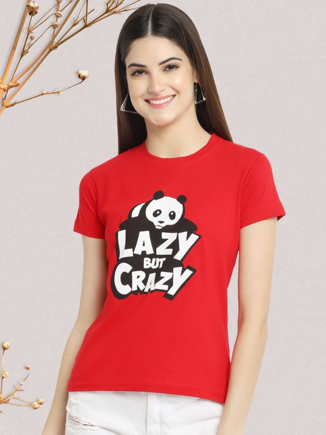 

Dreambe Women Typography Printed Round Neck Short Sleeve Pure Cotton Casual T-Shirt, Red