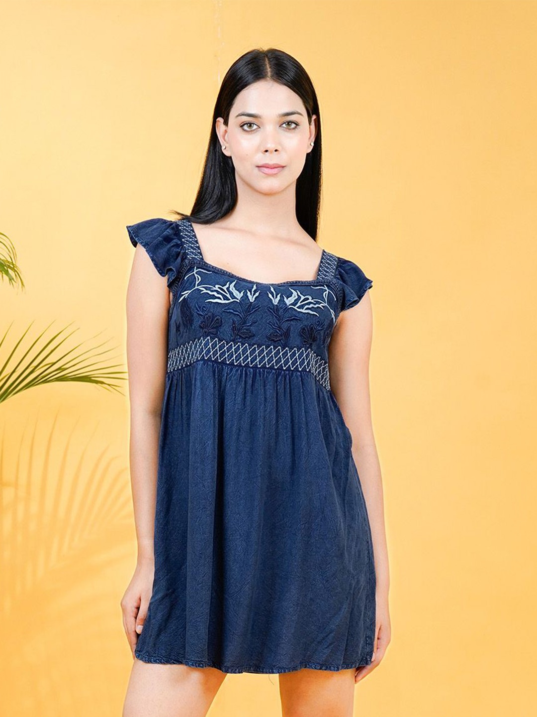 

Cosmic Trio Women Embroidered square Neck Flutter Sleeve Fit & Flare Dress, Blue