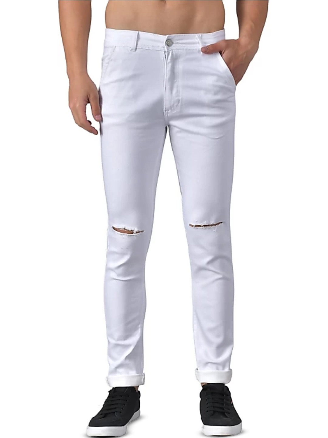 

COMFITS Men Classic Regular Fit Mid-Rise Slash Knee Cotton Jeans, White