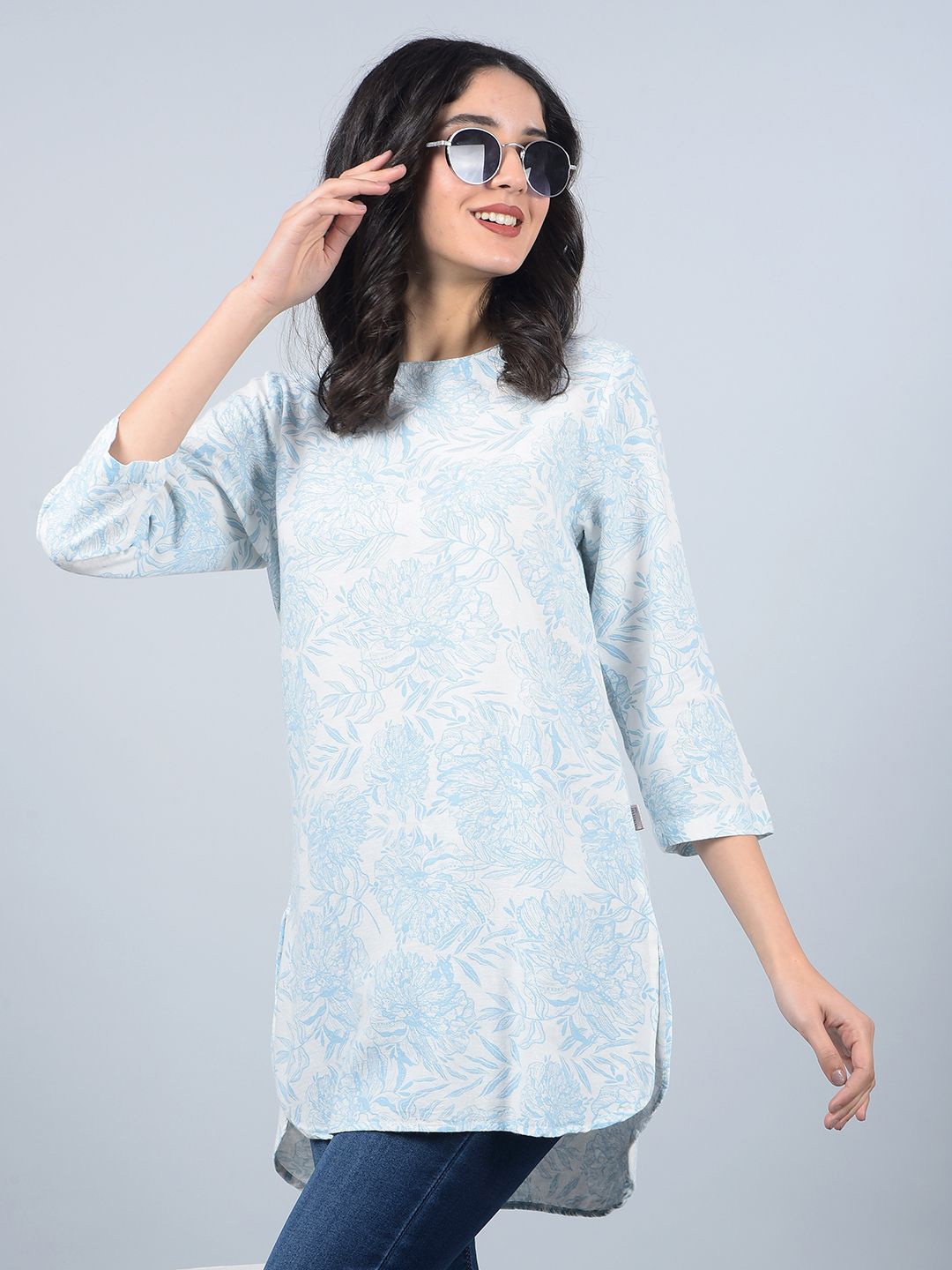 

Crimsoune Club Women Floral Print Puff Sleeve Top, Blue