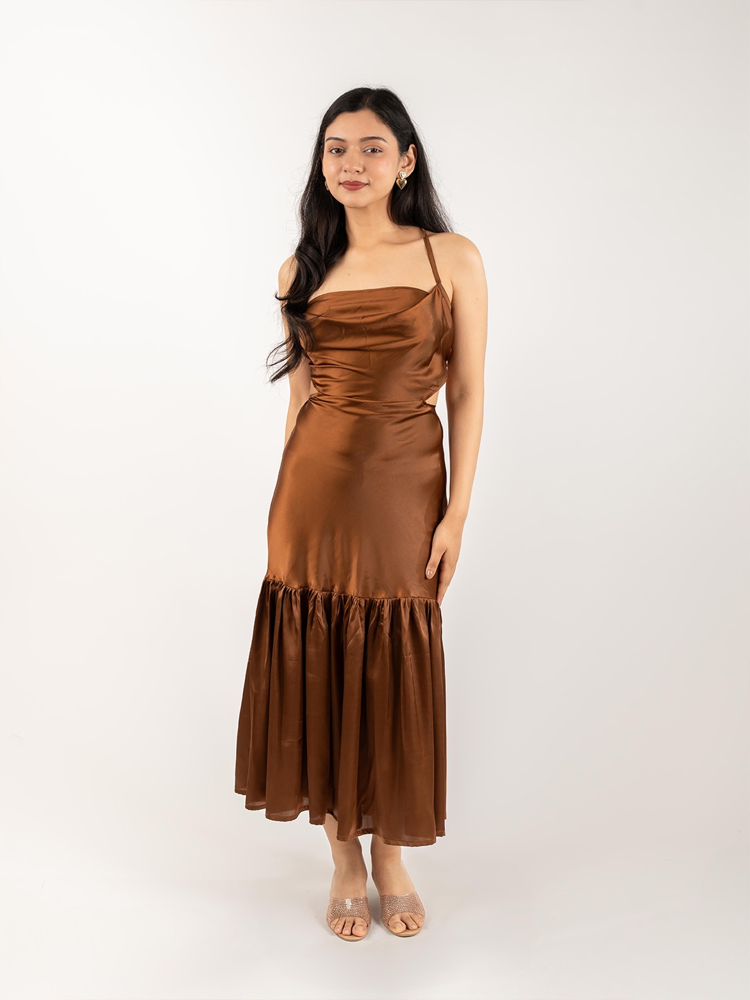 

Monomee Women Shoulder Straps Neck Backless Midi A-Line Dress, Brown