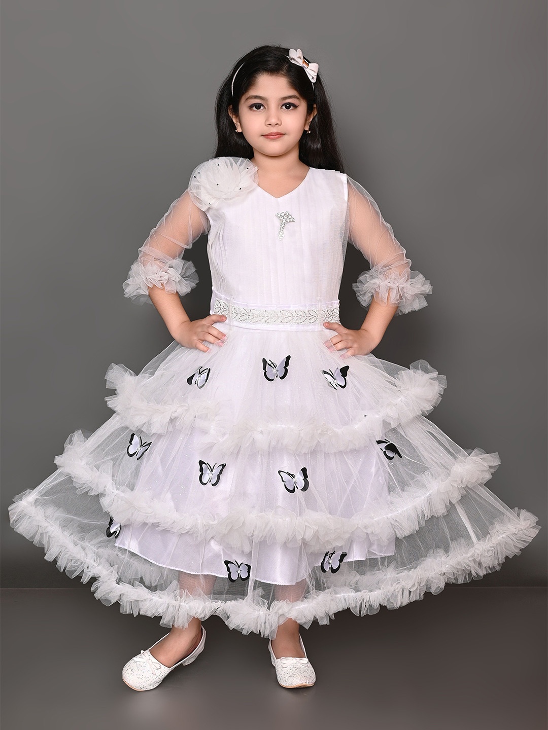 

Zenat Girls Flared Sleeve Layered Net Fit & Flare Dress, White