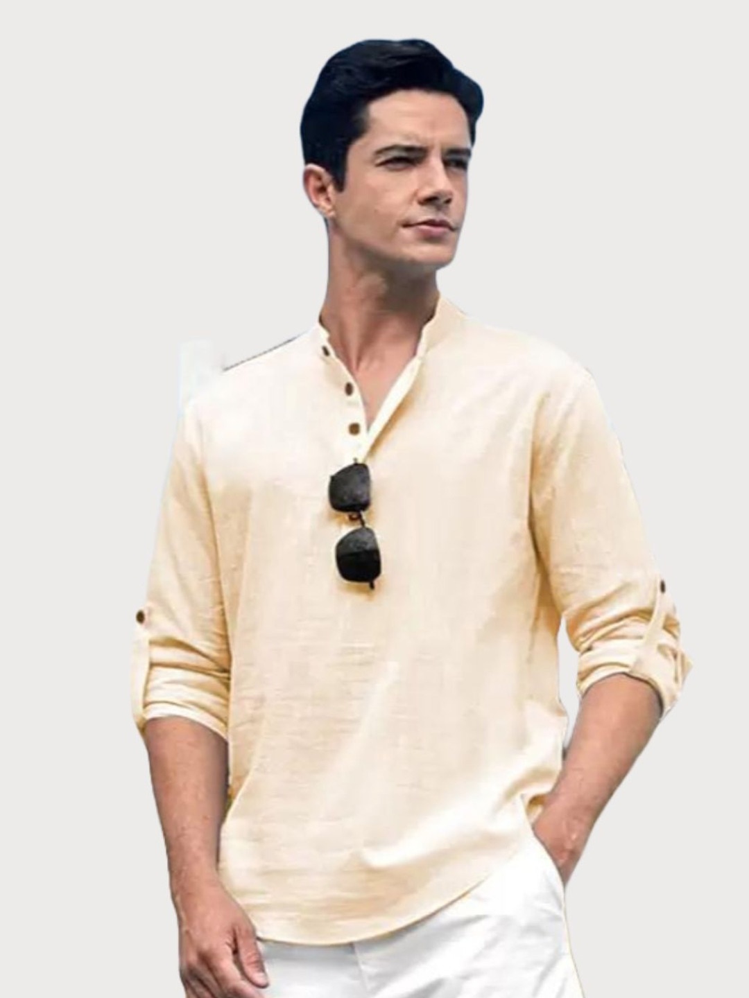 

LIFE ROADS Mandarin Collar Roll-Up Sleeves Cotton Straight Short Kurta, Beige